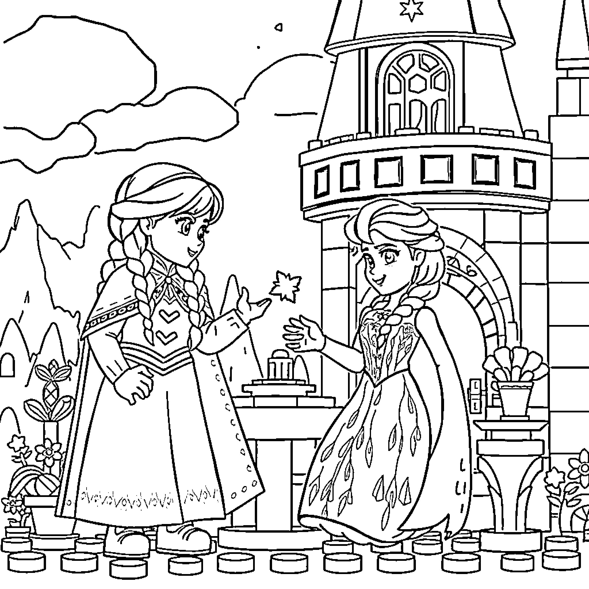 Anna and Elsa explore the enchanted castle Coloring Page (free black-and-white line drawing printable PDF for all, from beginners to advanced learners, including children, teens, adults, and seniors)