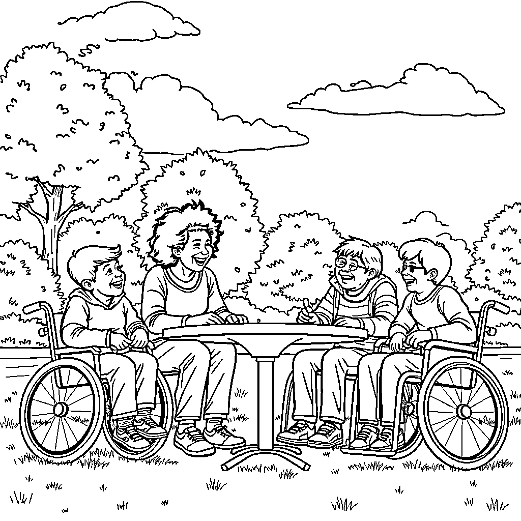 Friends enjoying a peaceful nature outing Coloring Page (free black-and-white line drawing printable PDF for all, from beginners to advanced learners, including children, teens, adults, and seniors)