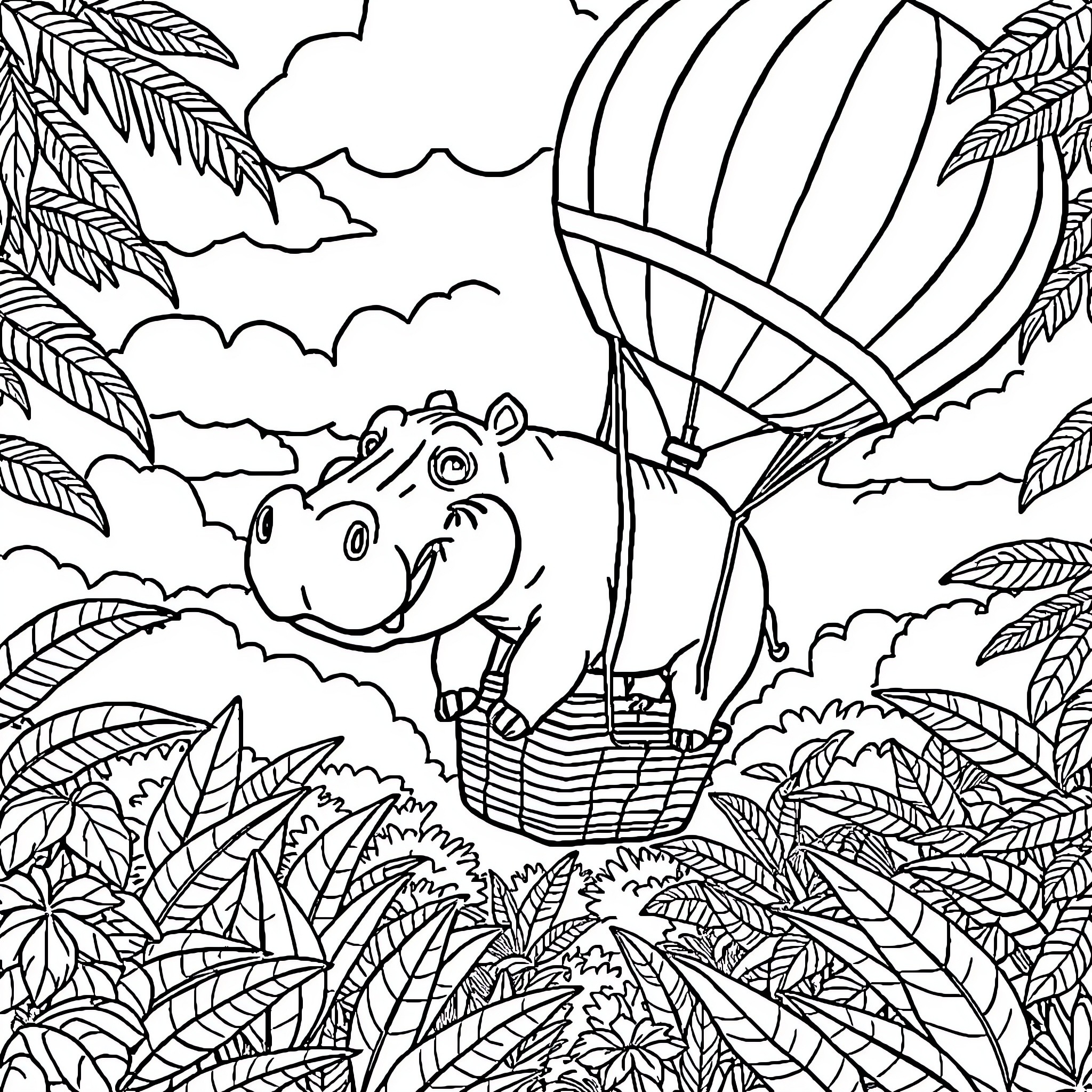 Hippo riding hot air balloon through lush jungle Coloring Page (free black-and-white line drawing printable PDF for all, from beginners to advanced learners, including children, teens, adults, and seniors)