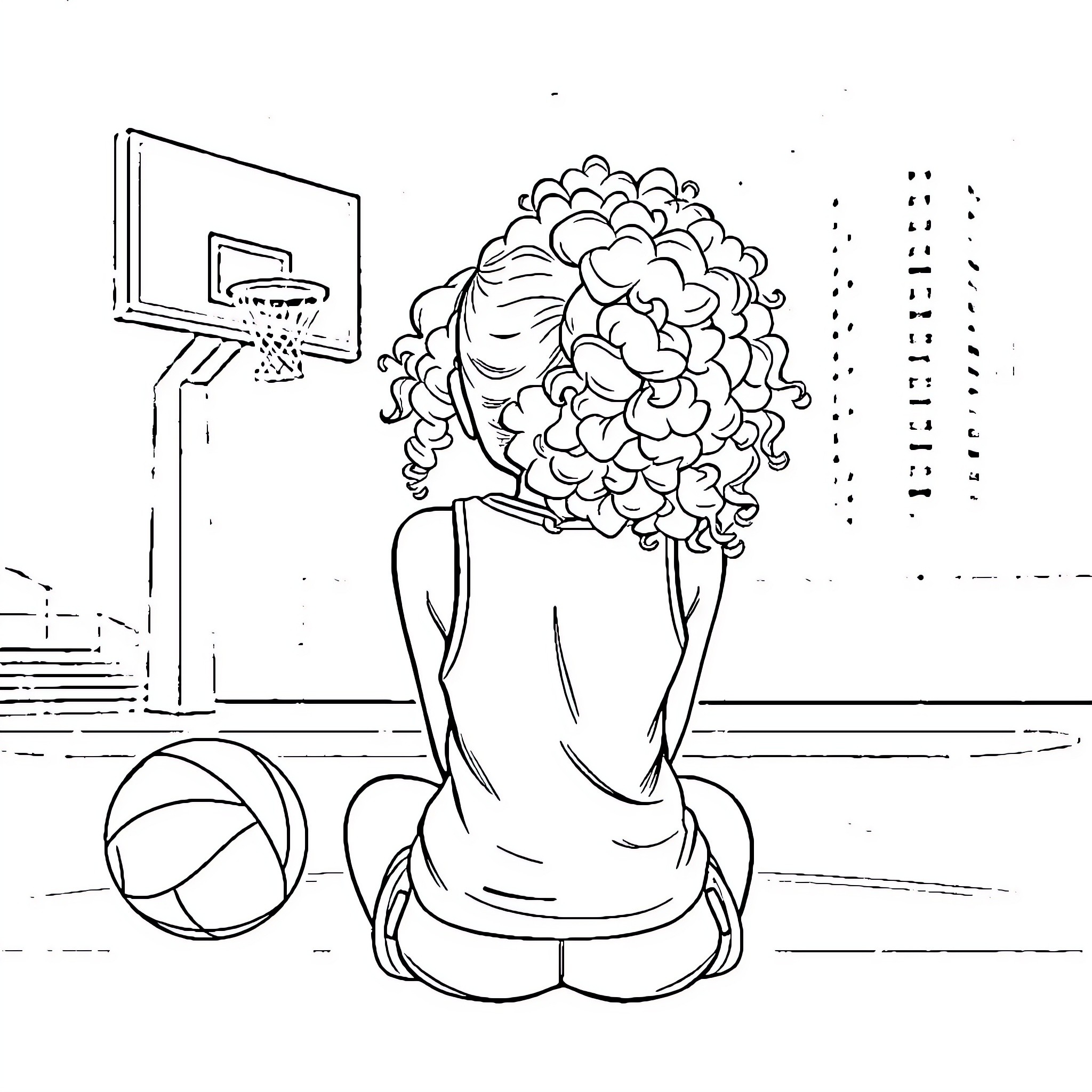Girl playing basketball on the court Coloring Page (free black-and-white line drawing printable PDF for all, from beginners to advanced learners, including children, teens, adults, and seniors)