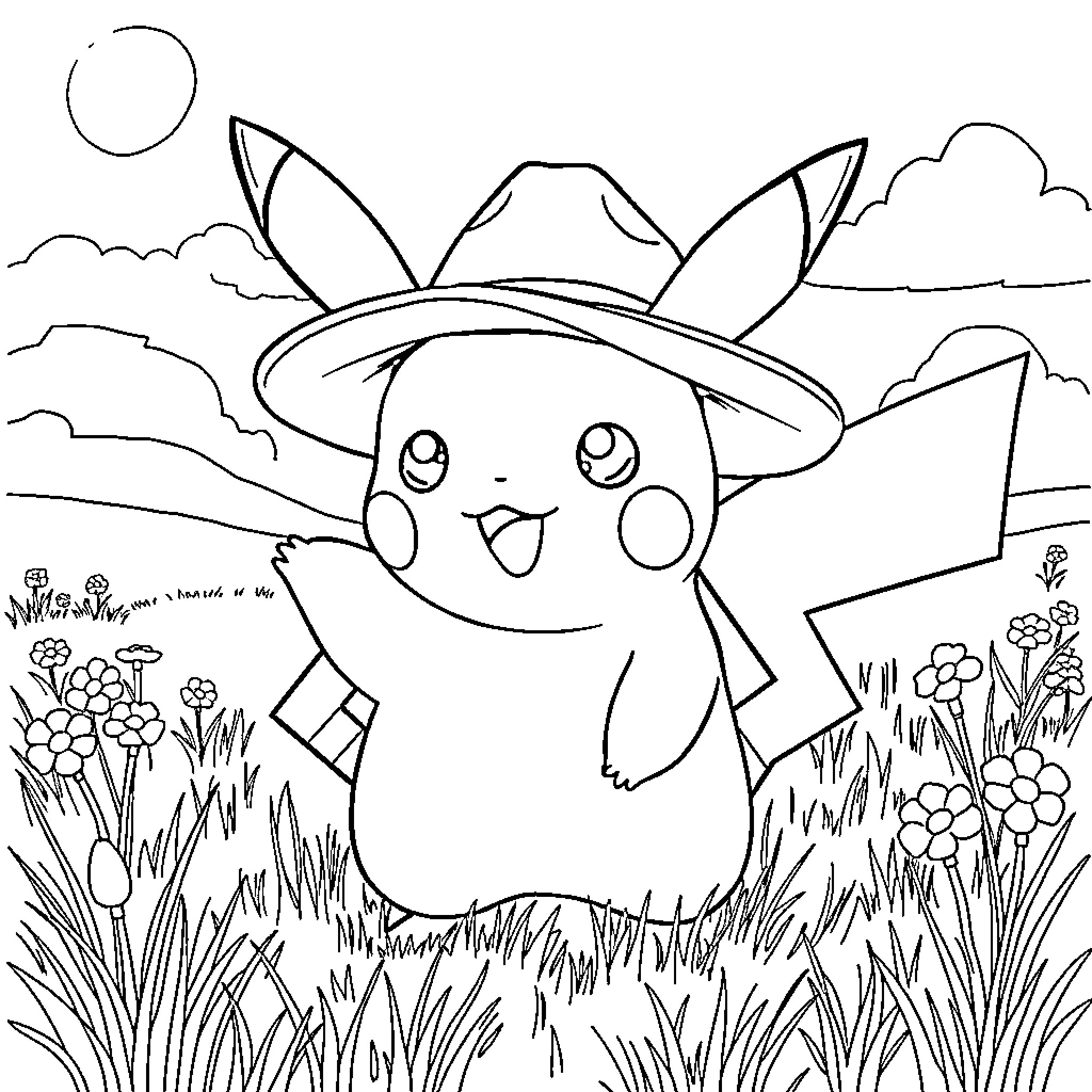 Pikachu playing in a meadow with flowers Coloring Page (free black-and-white line drawing printable PDF for all, from beginners to advanced learners, including children, teens, adults, and seniors)