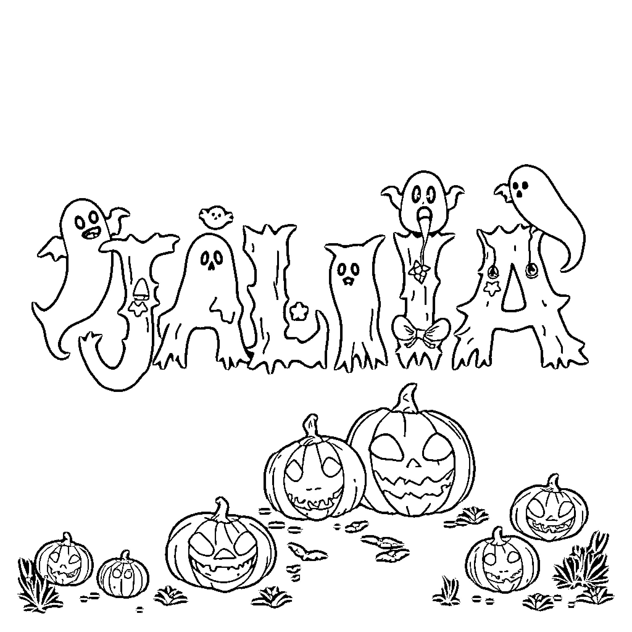 Julia's Spooky Halloween Adventure Coloring Page (free black-and-white line drawing printable PDF for all, from beginners to advanced learners, including children, teens, adults, and seniors)