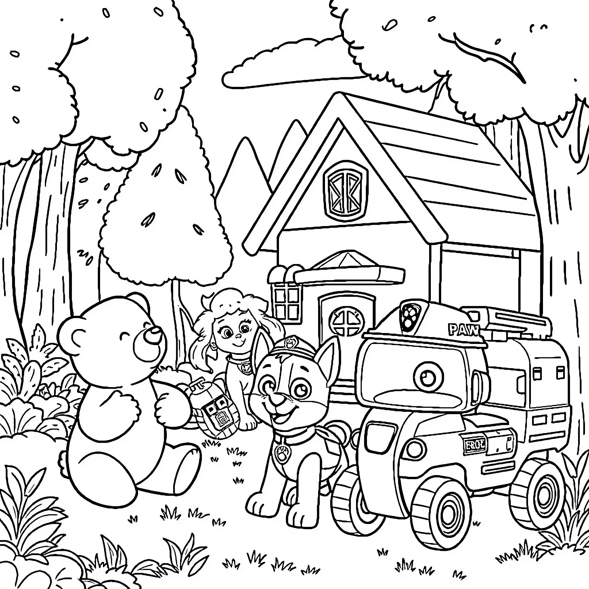 Bear and Friends Explore Paw Patrol Hideout Coloring Page (free black-and-white line drawing printable PDF for all, from beginners to advanced learners, including children, teens, adults, and seniors)