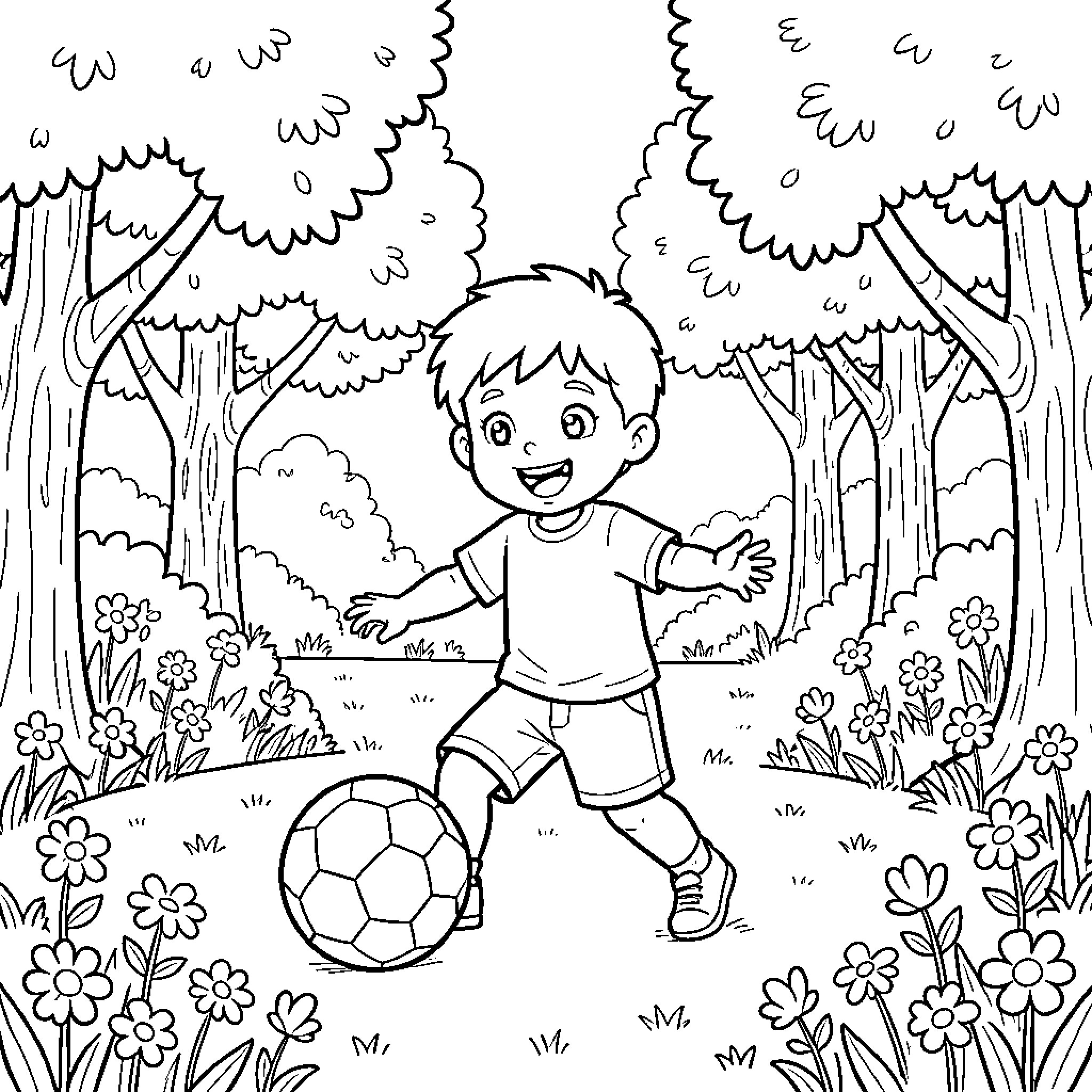 Niño playing joyfully with soccer ball in forest Coloring Page (free black-and-white line drawing printable PDF for all, from beginners to advanced learners, including children, teens, adults, and seniors)