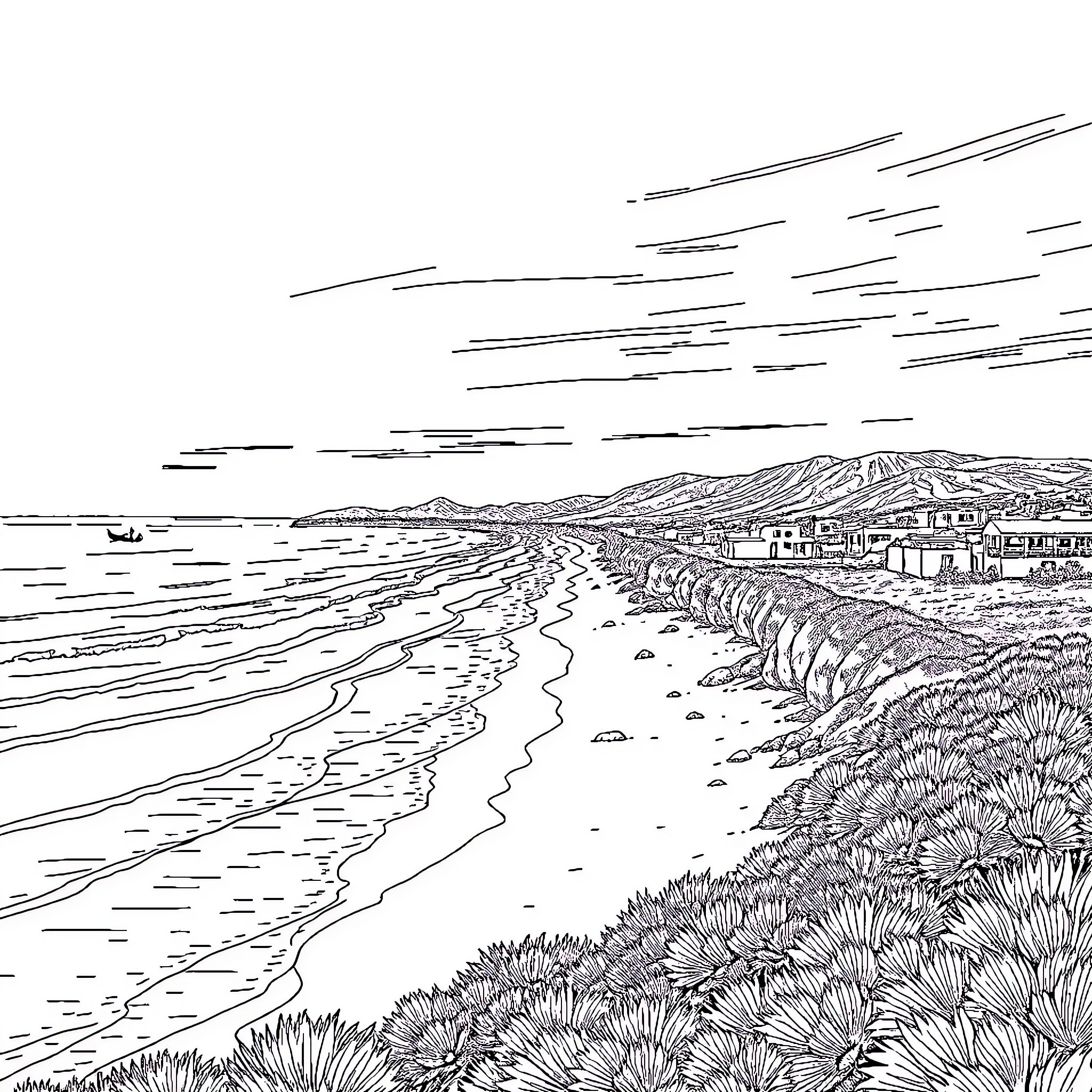 Beach Scene with Coastal Landscape and Vegetation Coloring Page (free black-and-white line drawing printable PDF for all, from beginners to advanced learners, including children, teens, adults, and seniors)