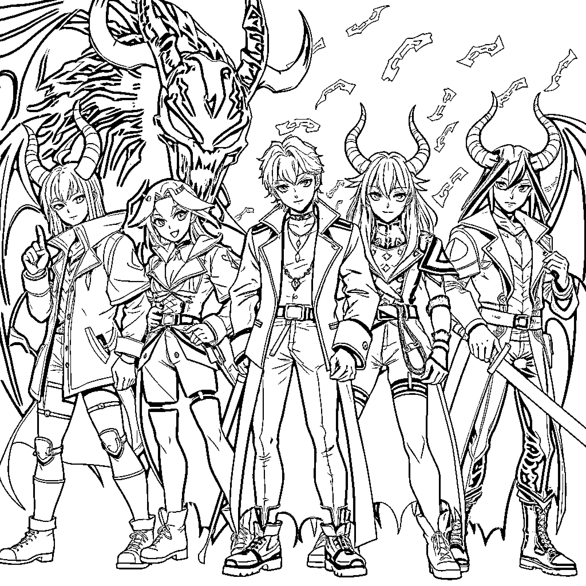 Demon Hunter Squad on a Daring Mission Coloring Page (free black-and-white line drawing printable PDF for all, from beginners to advanced learners, including children, teens, adults, and seniors)