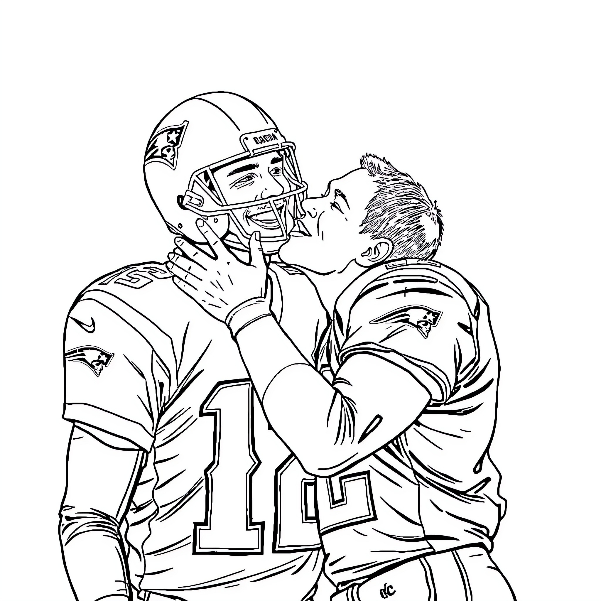Jordan Love celebrating a victory with teammate Coloring Page (free black-and-white line drawing printable PDF for all, from beginners to advanced learners, including children, teens, adults, and seniors)