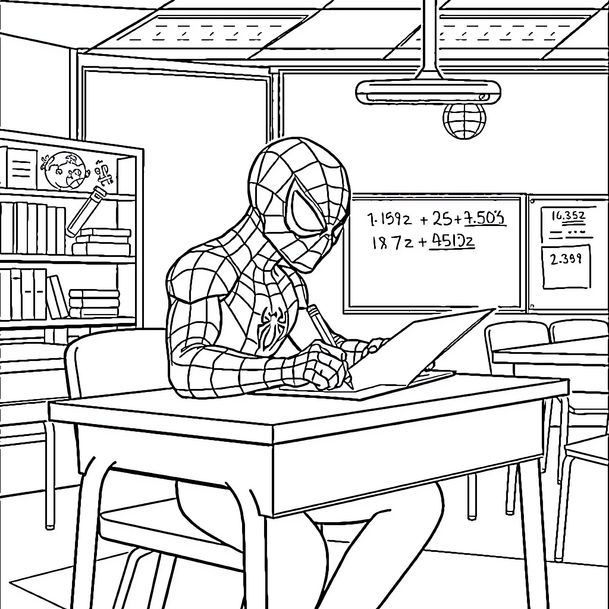 Spiderman studying diligently in the classroom Coloring Page (free black-and-white line drawing printable PDF for all, from beginners to advanced learners, including children, teens, adults, and seniors)
