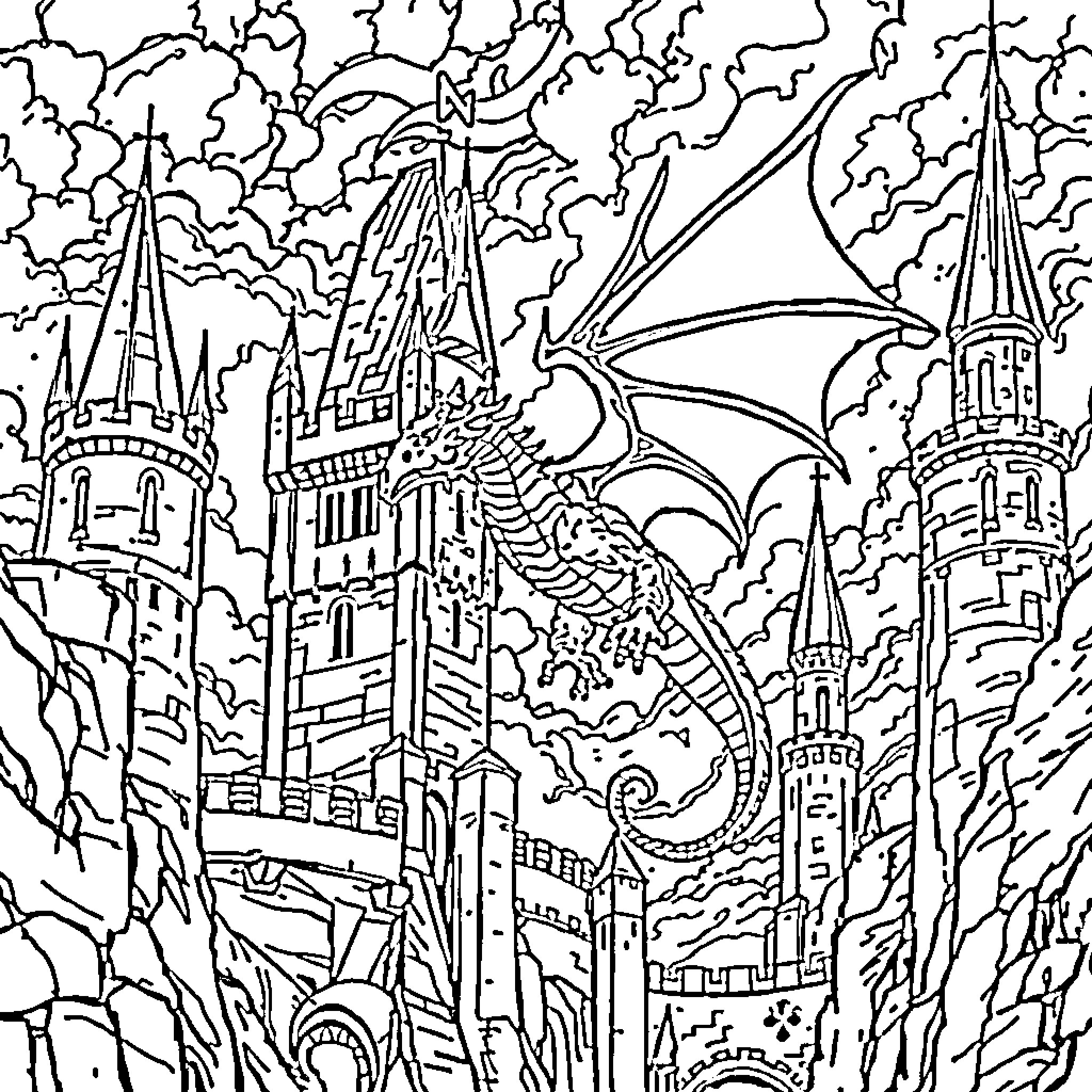Dragon soaring over the enchanted castle Coloring Page (free black-and-white line drawing printable PDF for all, from beginners to advanced learners, including children, teens, adults, and seniors)
