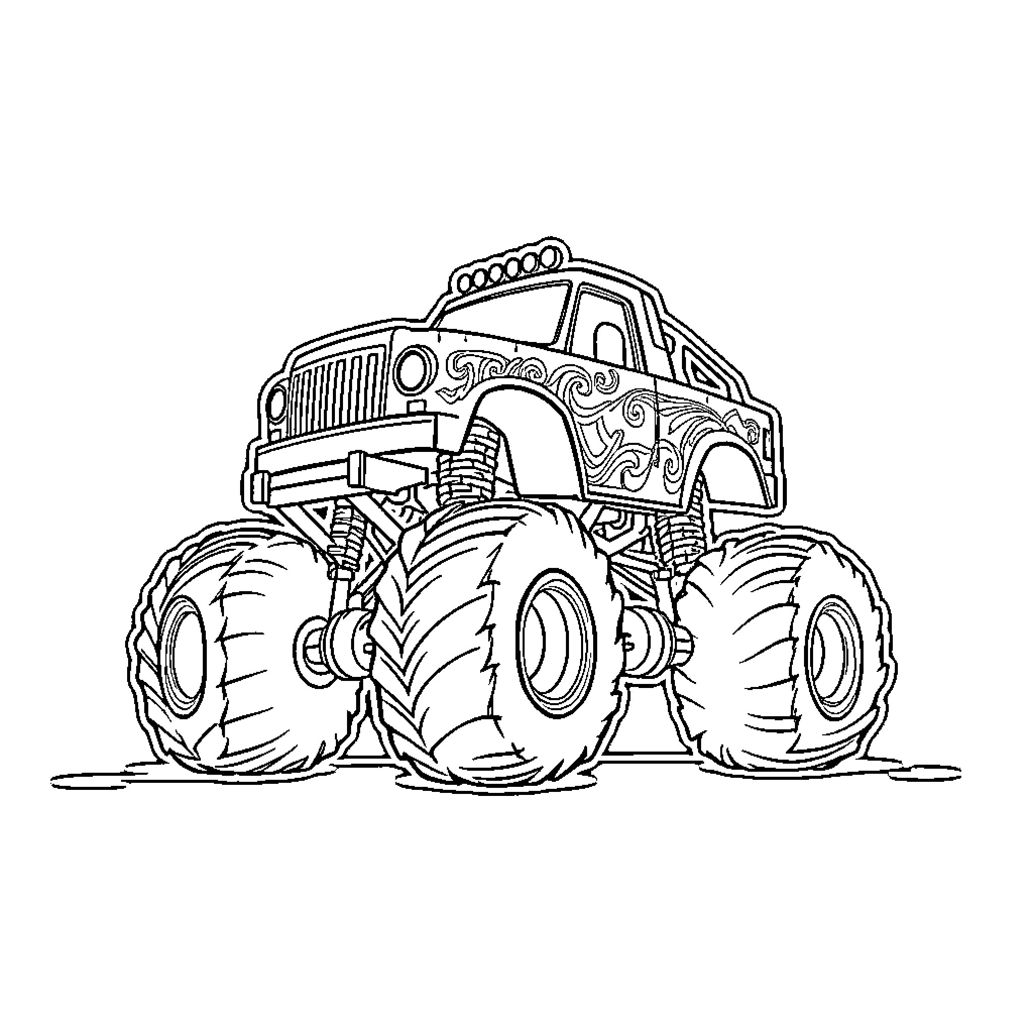 Monstertruck performing stunts on the track Coloring Page (free black-and-white line drawing printable PDF for all, from beginners to advanced learners, including children, teens, adults, and seniors)