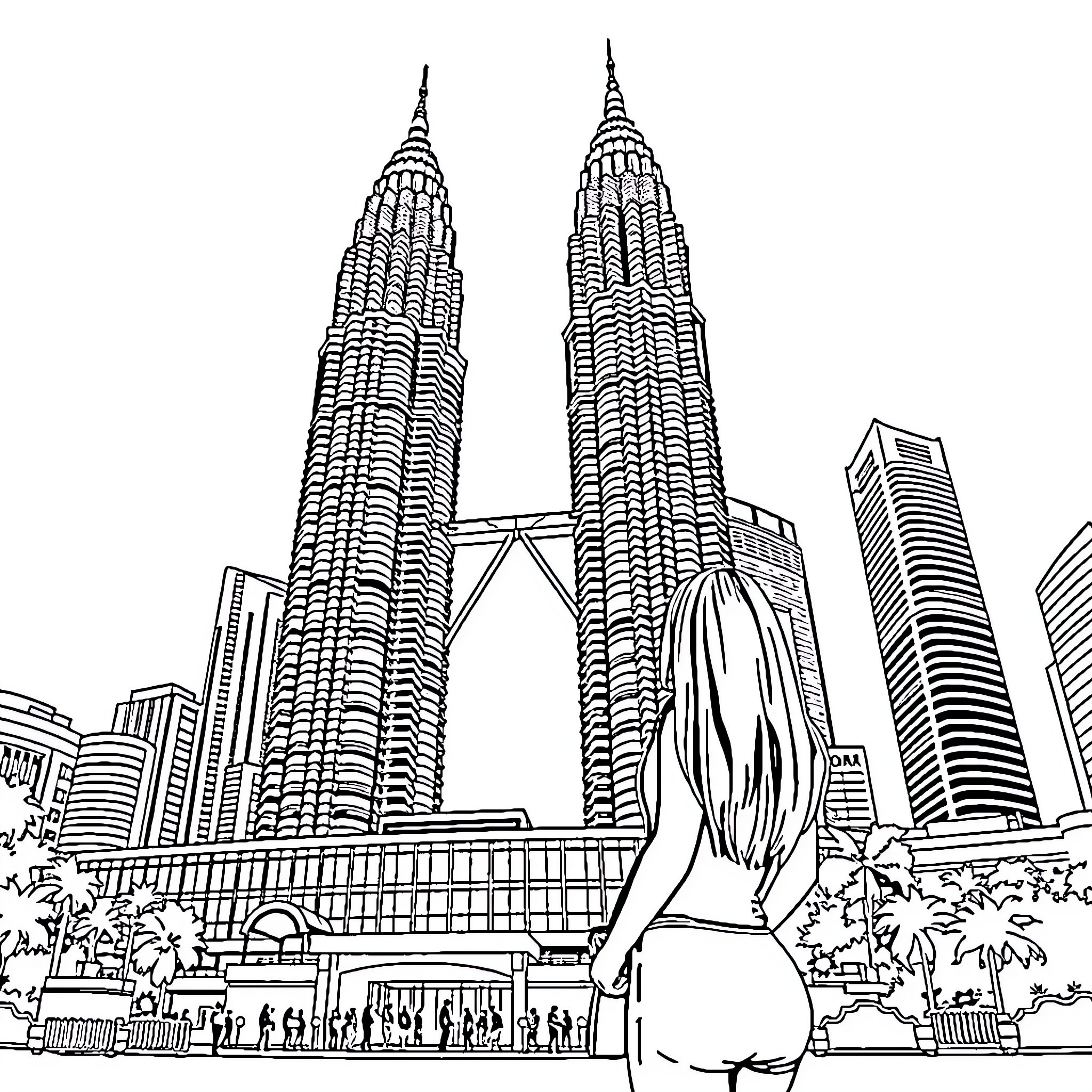 Woman admiring the iconic skyscrapers in the city Coloring Page (free black-and-white line drawing printable PDF for all, from beginners to advanced learners, including children, teens, adults, and seniors)