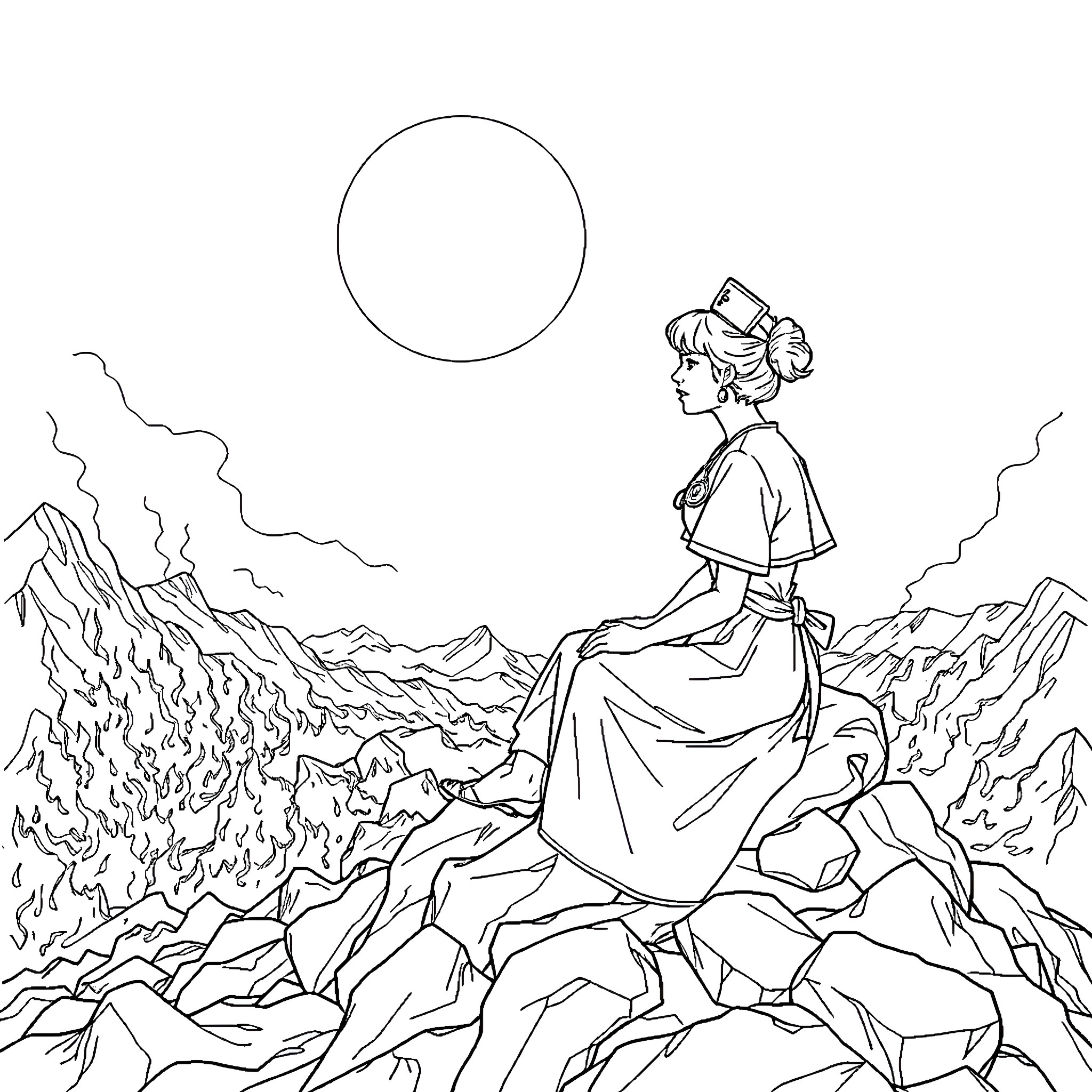 Nurse Gazing at the Mountainous Landscape Coloring Page (free black-and-white line drawing printable PDF for all, from beginners to advanced learners, including children, teens, adults, and seniors)