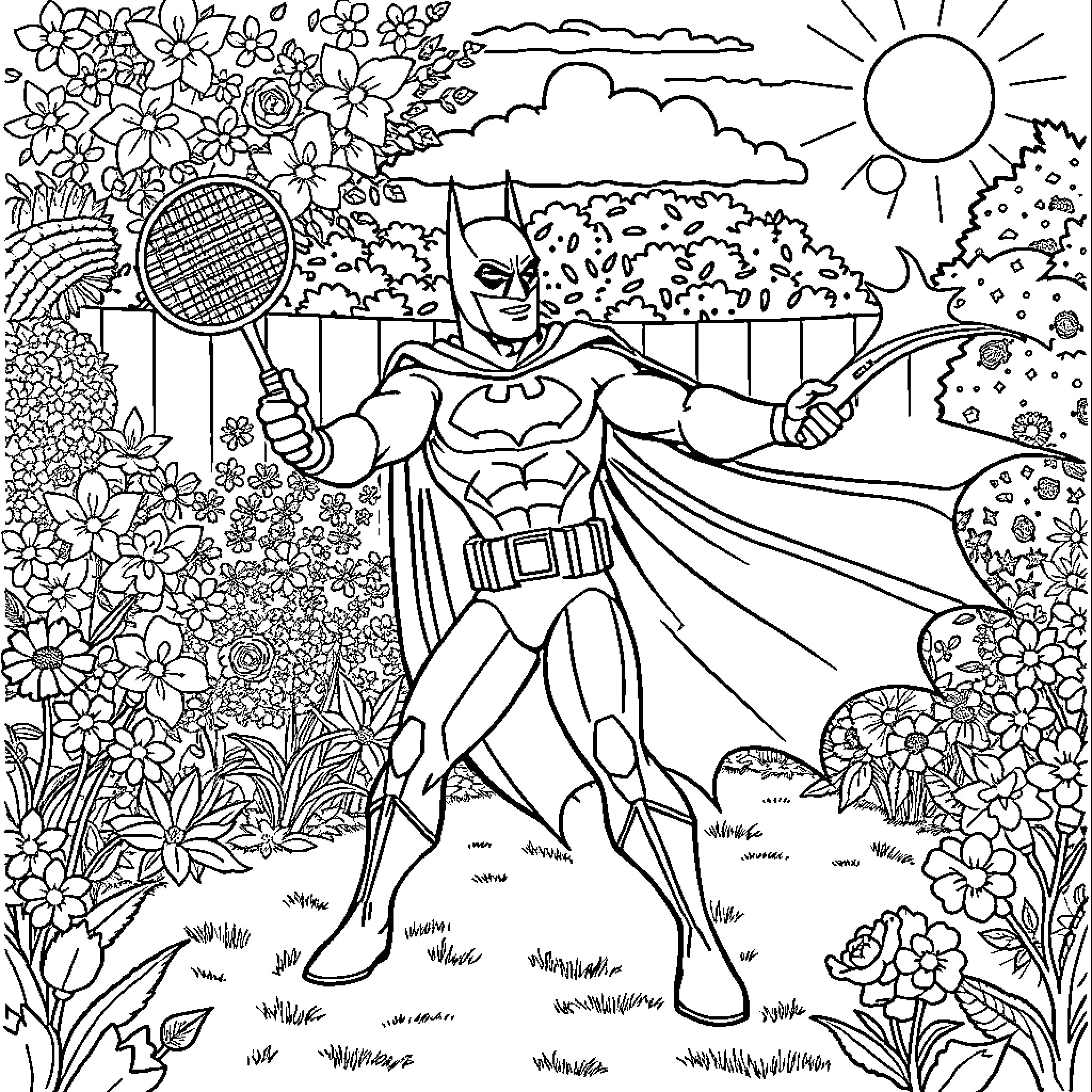 Batman enjoying a flowery garden scene Coloring Page (free black-and-white line drawing printable PDF for all, from beginners to advanced learners, including children, teens, adults, and seniors)