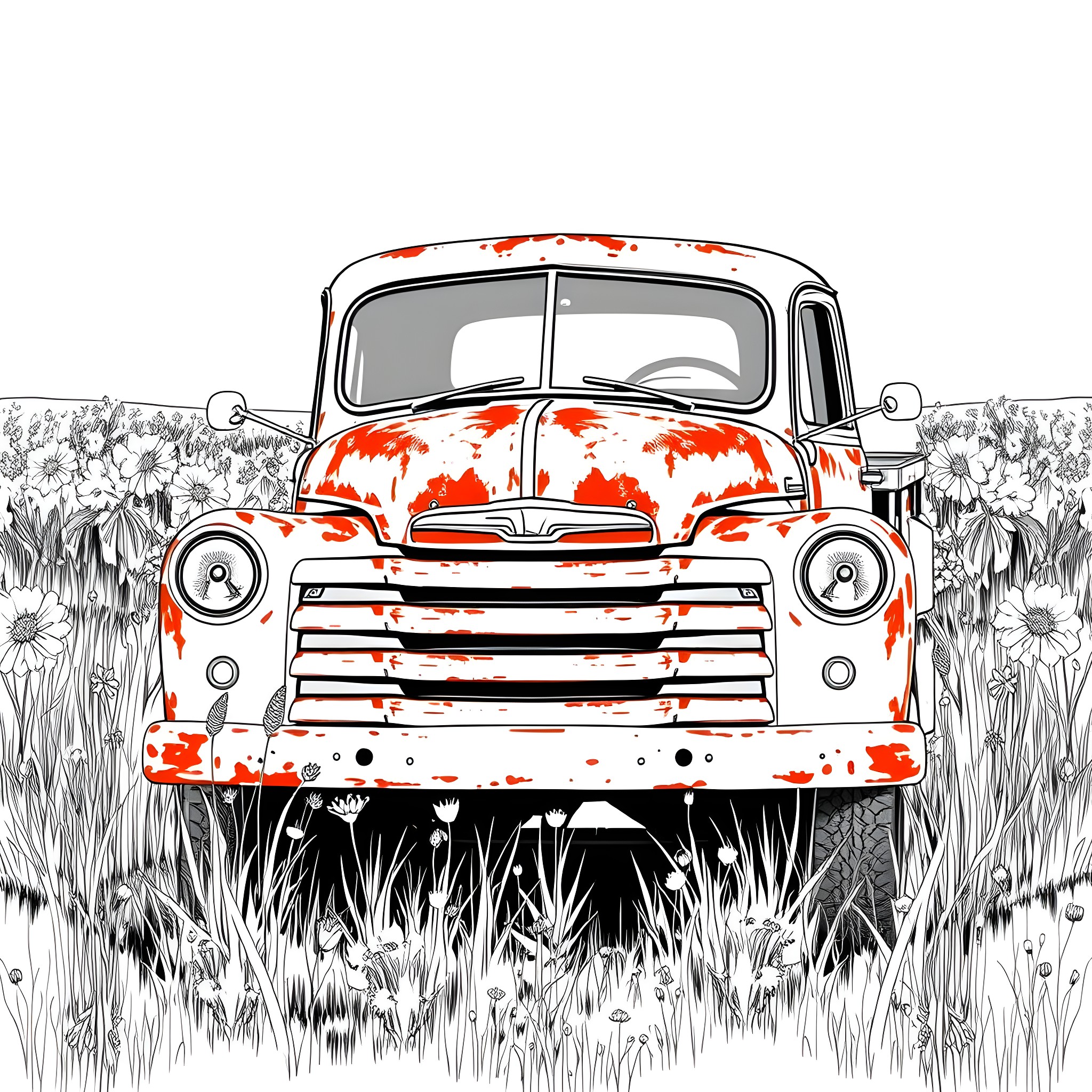 Truck Abandoned in Overgrown Field Coloring Page (free black-and-white line drawing printable PDF for all, from beginners to advanced learners, including children, teens, adults, and seniors)