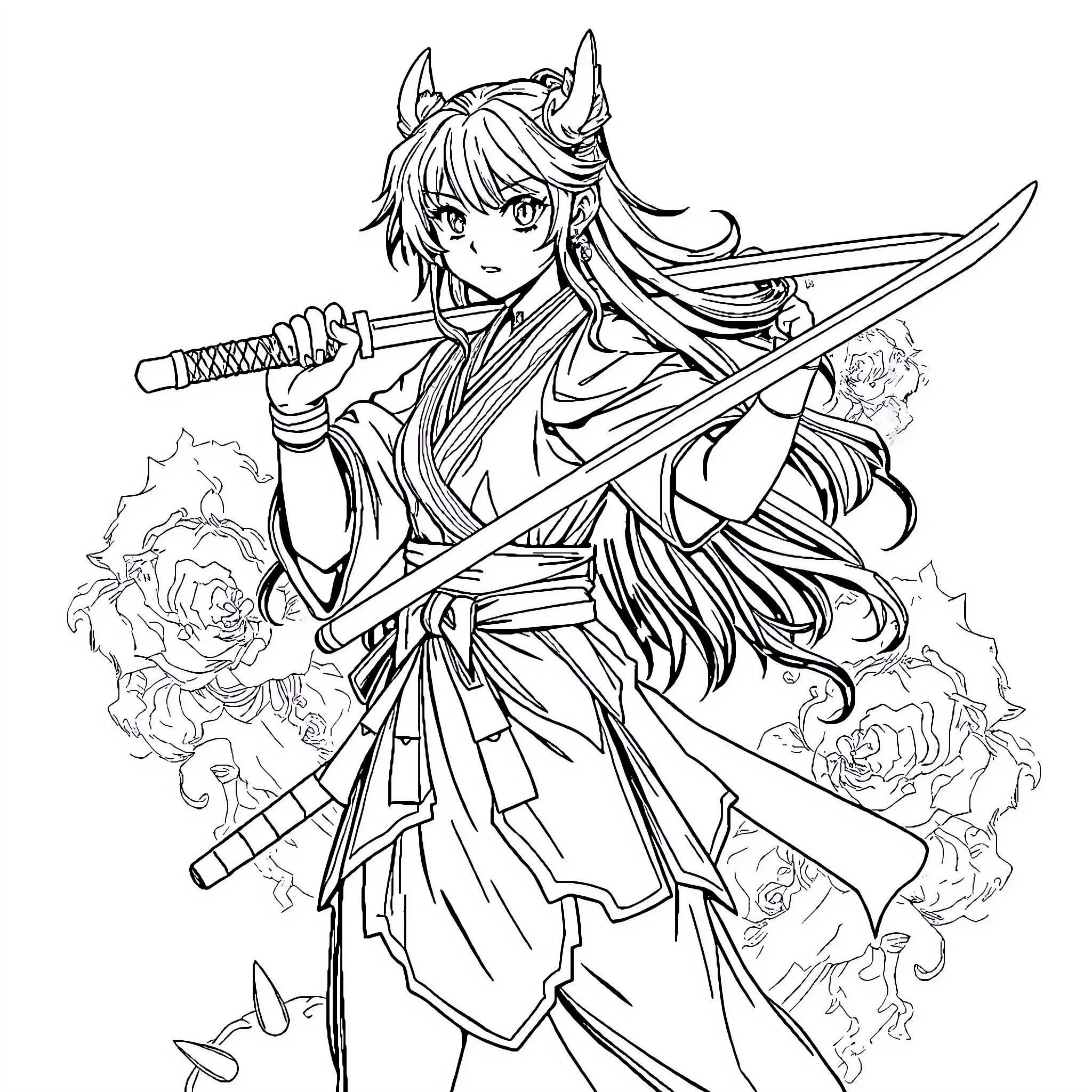 Nesuko - Fierce Samurai Warrior's Dramatic Pose Coloring Page (free black-and-white line drawing printable PDF for all, from beginners to advanced learners, including children, teens, adults, and seniors)