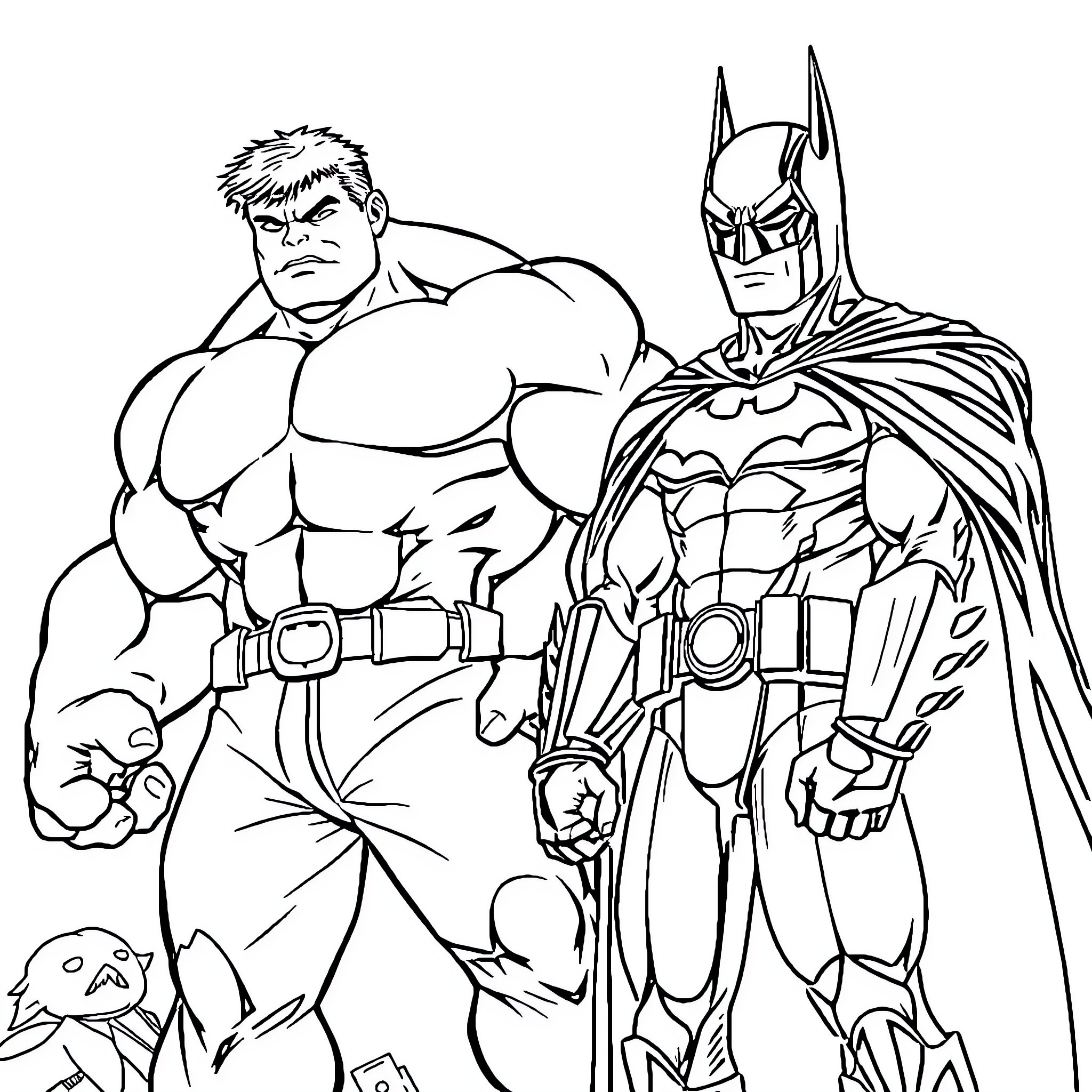 Hulk and Batman in epic battle stance Coloring Page (free black-and-white line drawing printable PDF for all, from beginners to advanced learners, including children, teens, adults, and seniors)