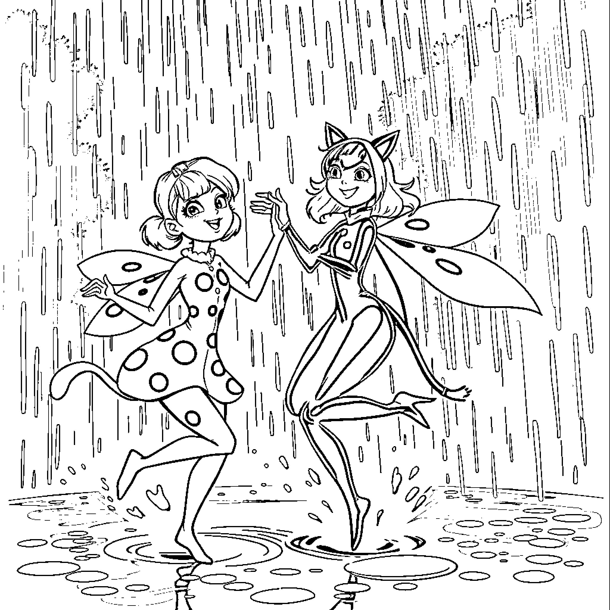 Ladybug fairies dancing in the rain Coloring Page (free black-and-white line drawing printable PDF for all, from beginners to advanced learners, including children, teens, adults, and seniors)
