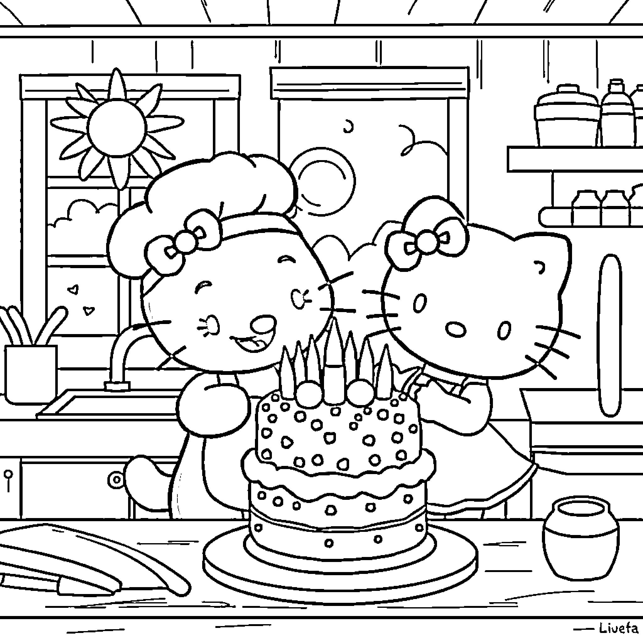 Bluey baking a cake with friends in the kitchen Coloring Page (free black-and-white line drawing printable PDF for all, from beginners to advanced learners, including children, teens, adults, and seniors)