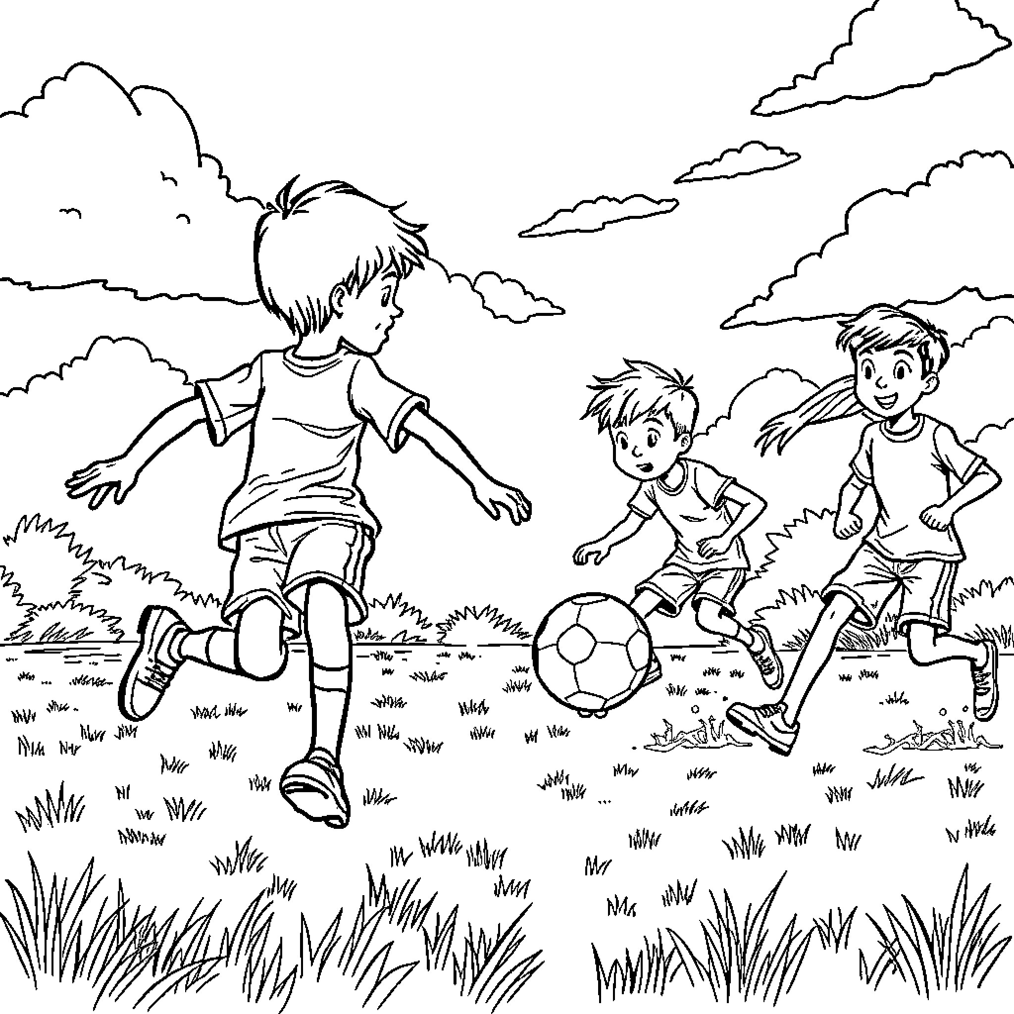 Diary of a Wimpy Kid: Boys Playing Soccer Outdoors Coloring Page (free black-and-white line drawing printable PDF for all, from beginners to advanced learners, including children, teens, adults, and seniors)