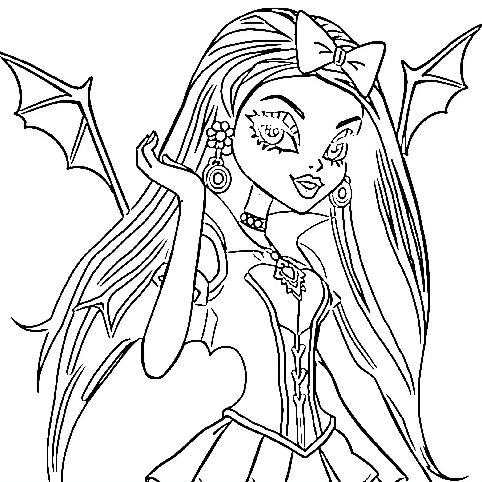 Draculaura in a fantastical vampire-inspired outfit Coloring Page (free black-and-white line drawing printable PDF for all, from beginners to advanced learners, including children, teens, adults, and seniors)