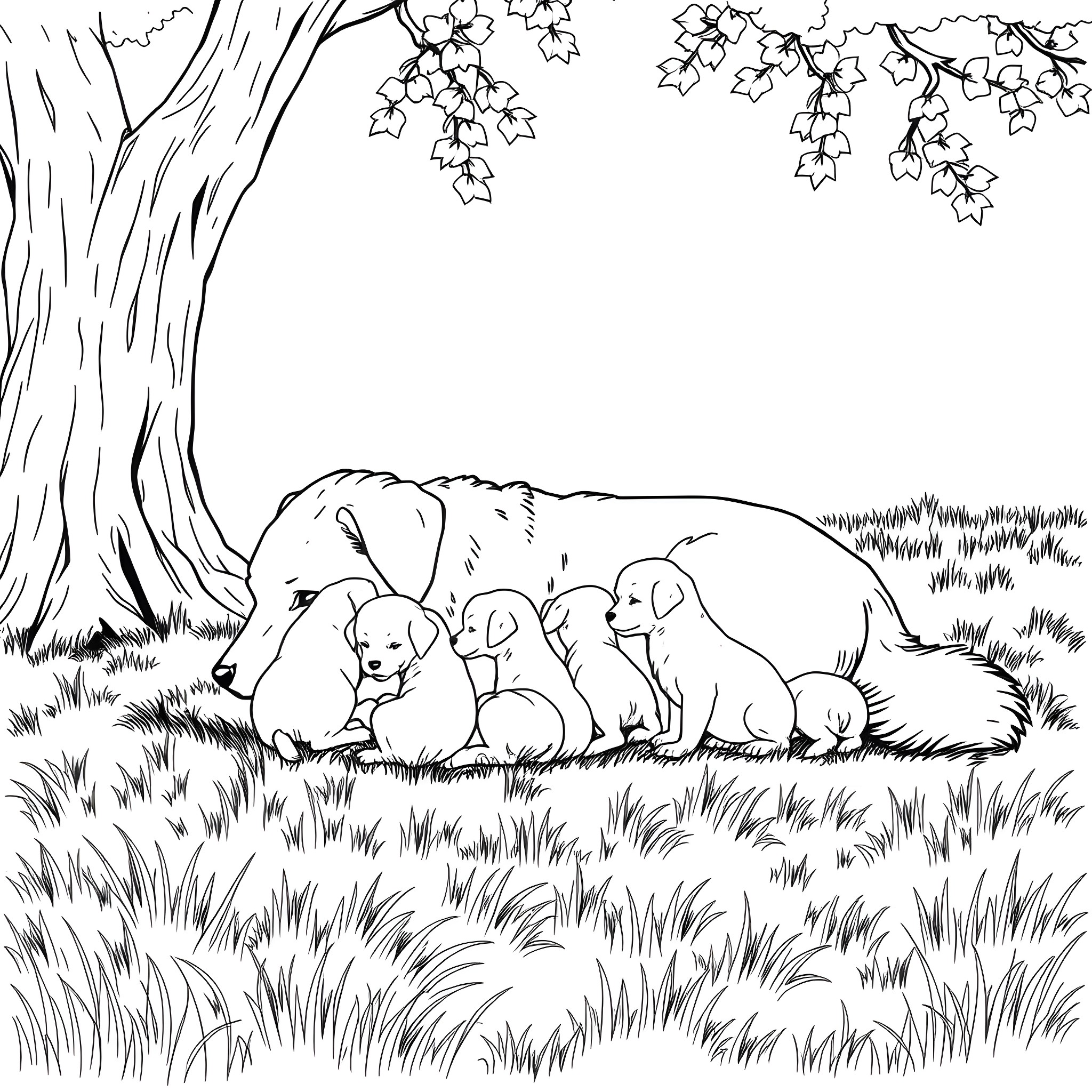 Dog family relaxing under tree in nature Coloring Page (free black-and-white line drawing printable PDF for all, from beginners to advanced learners, including children, teens, adults, and seniors)