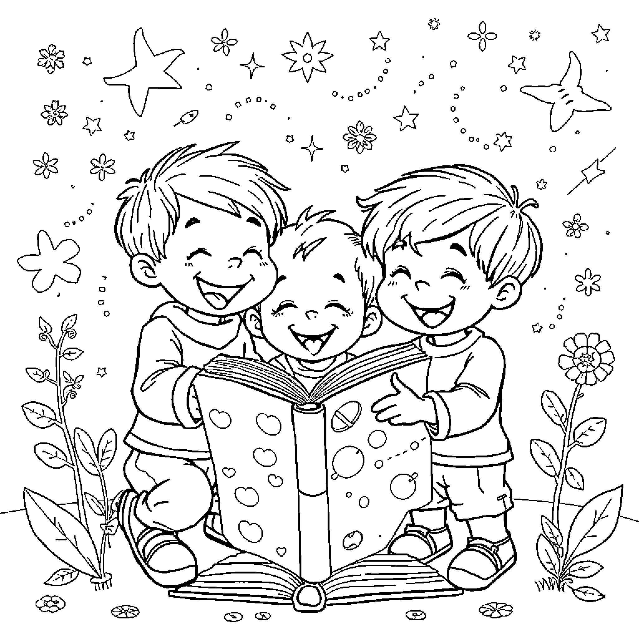 Child reading a book with friends under the stars Coloring Page (free black-and-white line drawing printable PDF for all, from beginners to advanced learners, including children, teens, adults, and seniors)