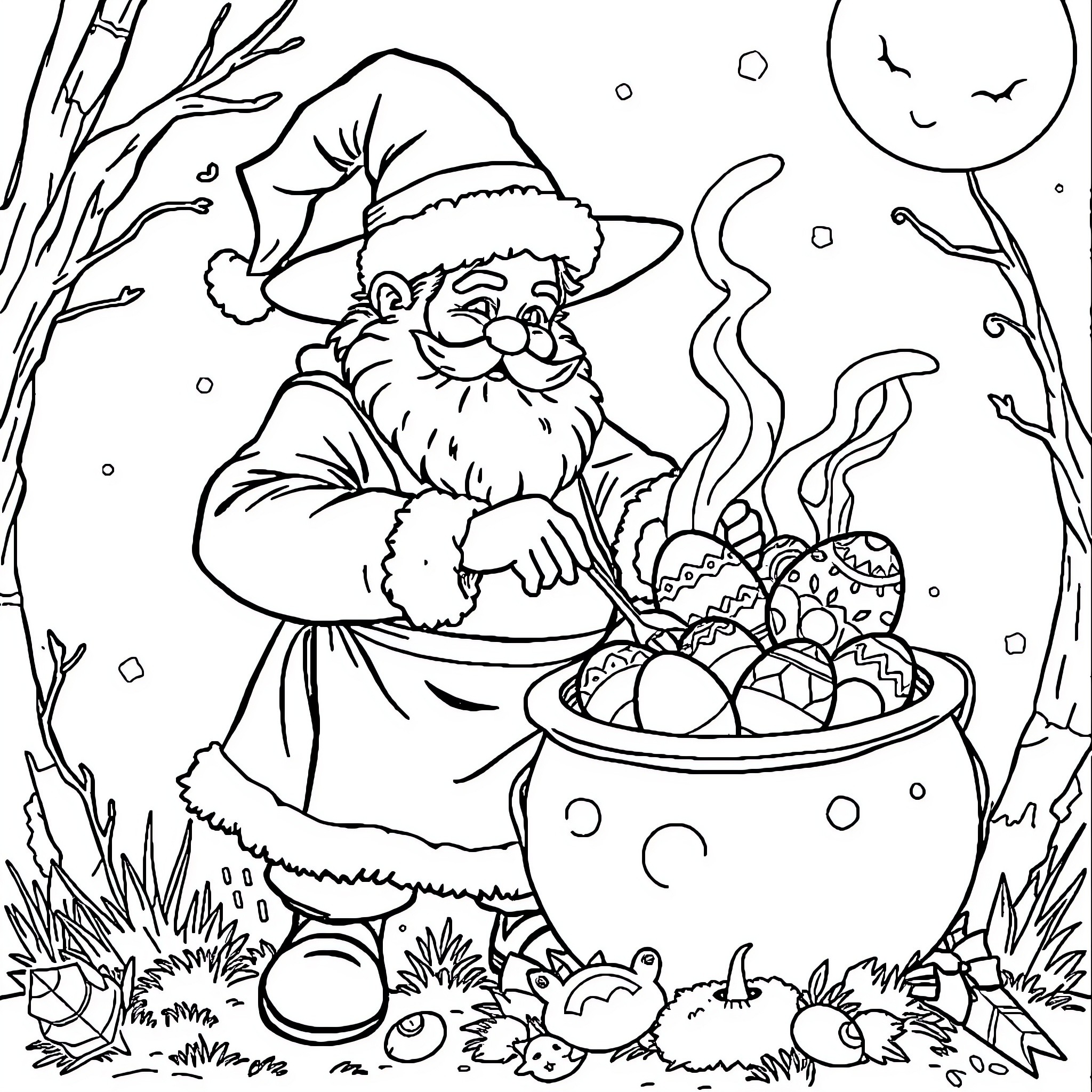 Santa Claus Enjoying His Winter Treat Coloring Page (free black-and-white line drawing printable PDF for all, from beginners to advanced learners, including children, teens, adults, and seniors)