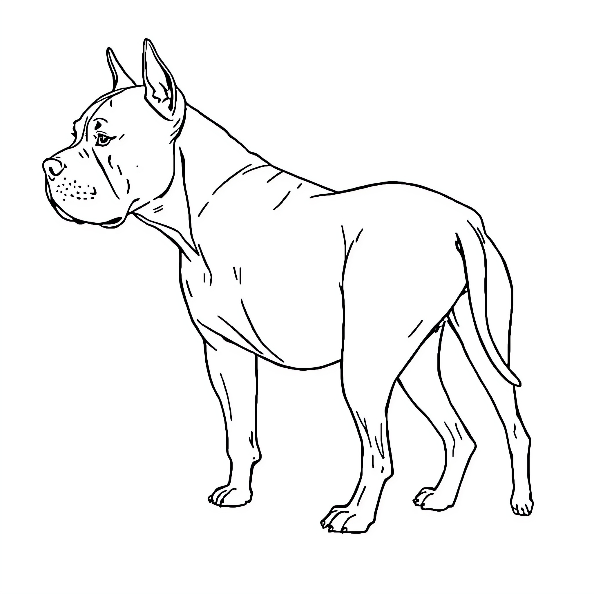 Pit Bull Standing Alert and Focused Coloring Page (free black-and-white line drawing printable PDF for all, from beginners to advanced learners, including children, teens, adults, and seniors)