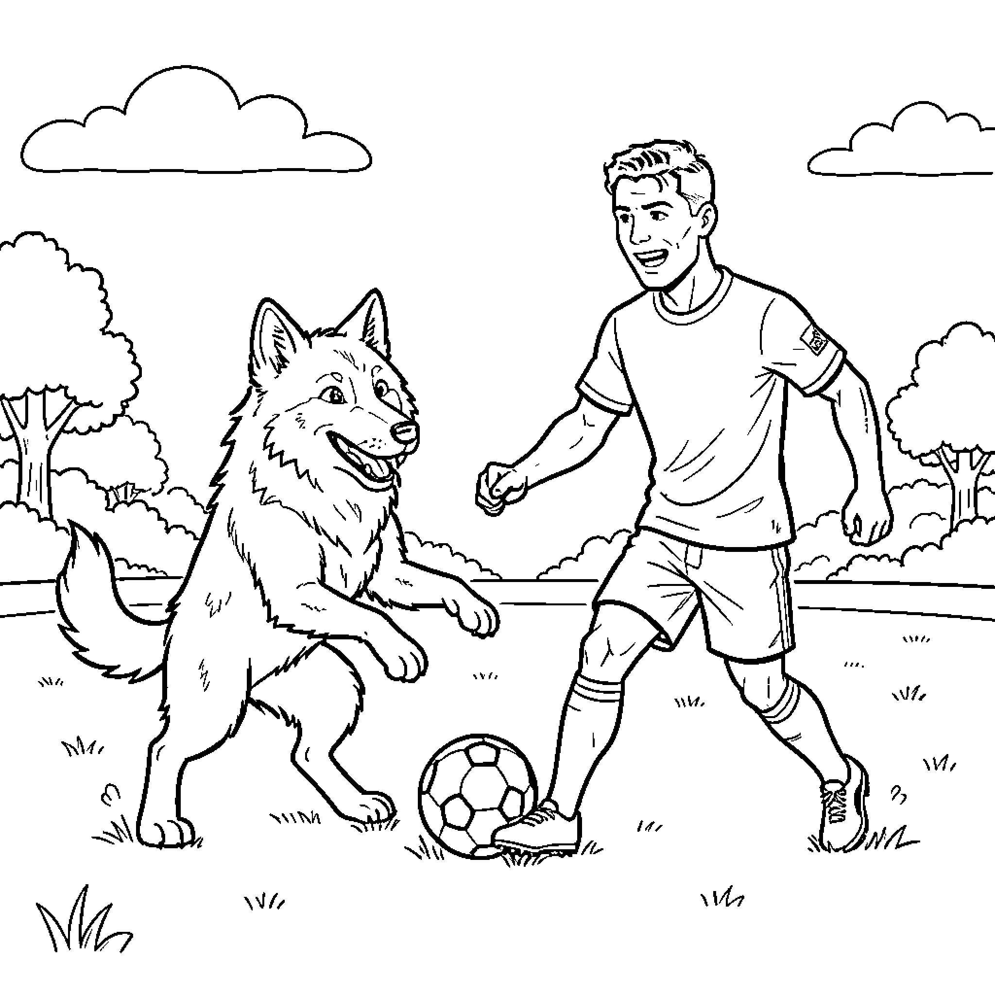 Iberian Wolf playing soccer with a young man in the park Coloring Page (free black-and-white line drawing printable PDF for all, from beginners to advanced learners, including children, teens, adults, and seniors)