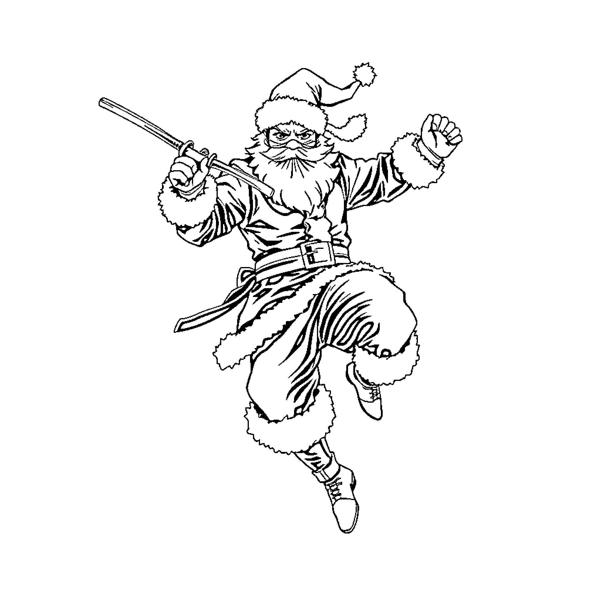 Ninja Santa Claus in action Coloring Page (free black-and-white line drawing printable PDF for all, from beginners to advanced learners, including children, teens, adults, and seniors)