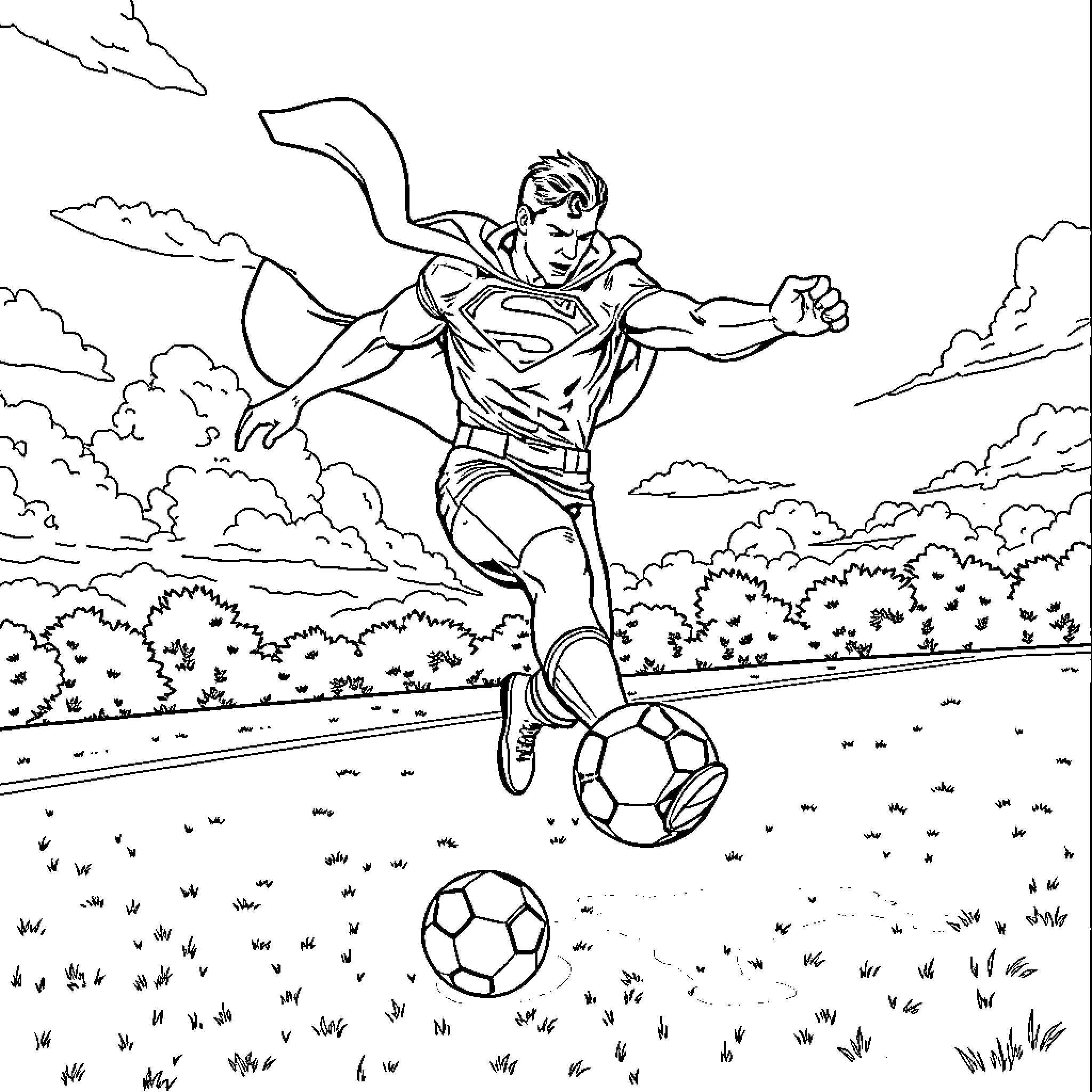 Superman playing football in the field Coloring Page (free black-and-white line drawing printable PDF for all, from beginners to advanced learners, including children, teens, adults, and seniors)
