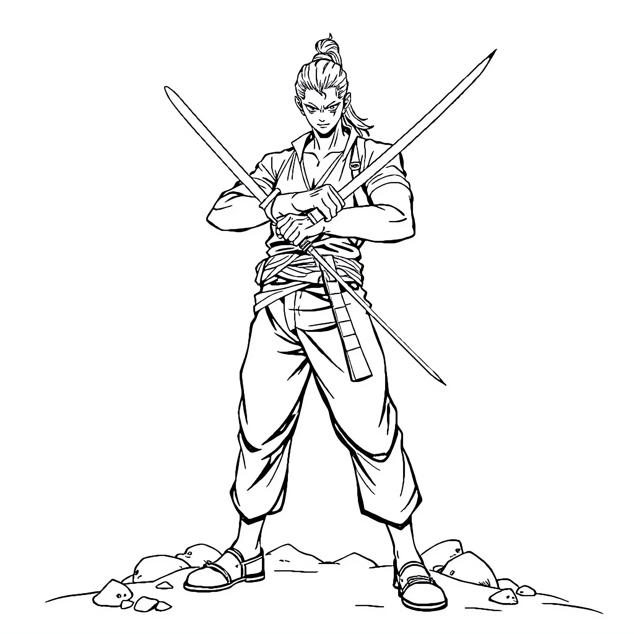 Roronoa Zoro wielding swords in determined stance Coloring Page (free black-and-white line drawing printable PDF for all, from beginners to advanced learners, including children, teens, adults, and seniors)