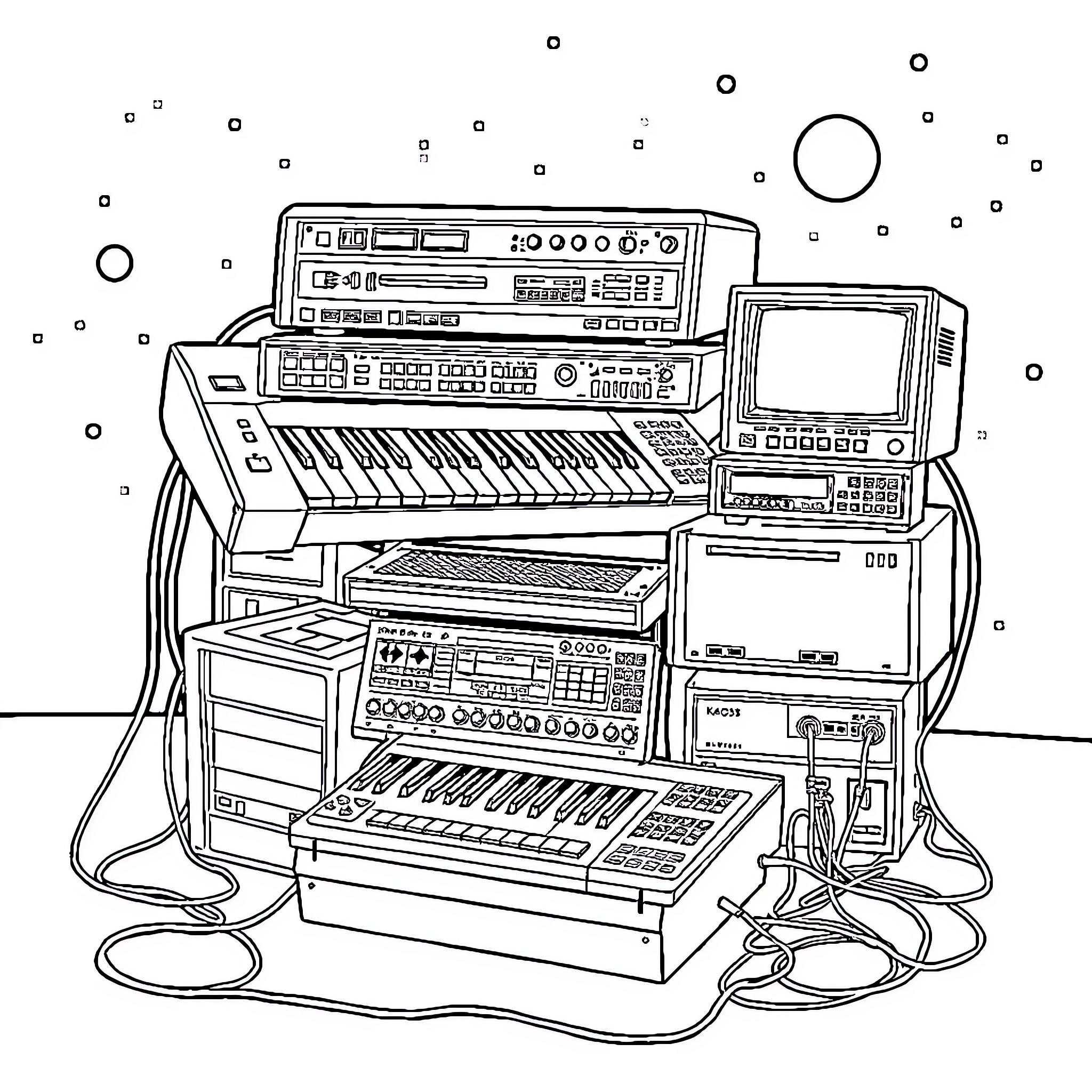 Musical Instrument Workstation with Keyboard and Accessories Coloring Page (free black-and-white line drawing printable PDF for all, from beginners to advanced learners, including children, teens, adults, and seniors)