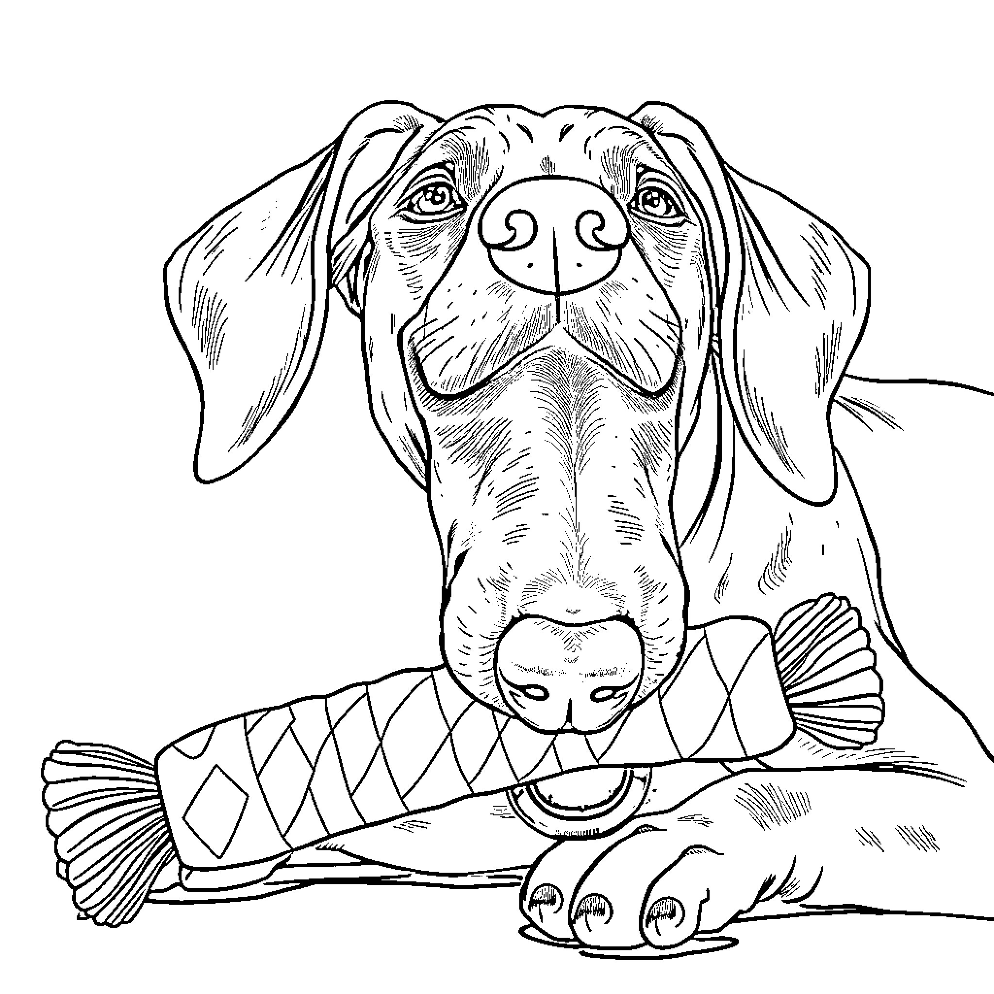 Vizsla chewing on a toy in the park Coloring Page (free black-and-white line drawing printable PDF for all, from beginners to advanced learners, including children, teens, adults, and seniors)
