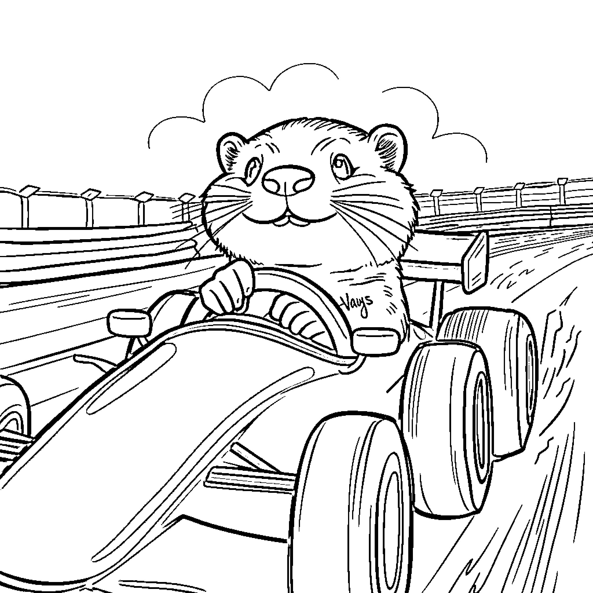 Otter driving a race car on the track Coloring Page (free black-and-white line drawing printable PDF for all, from beginners to advanced learners, including children, teens, adults, and seniors)
