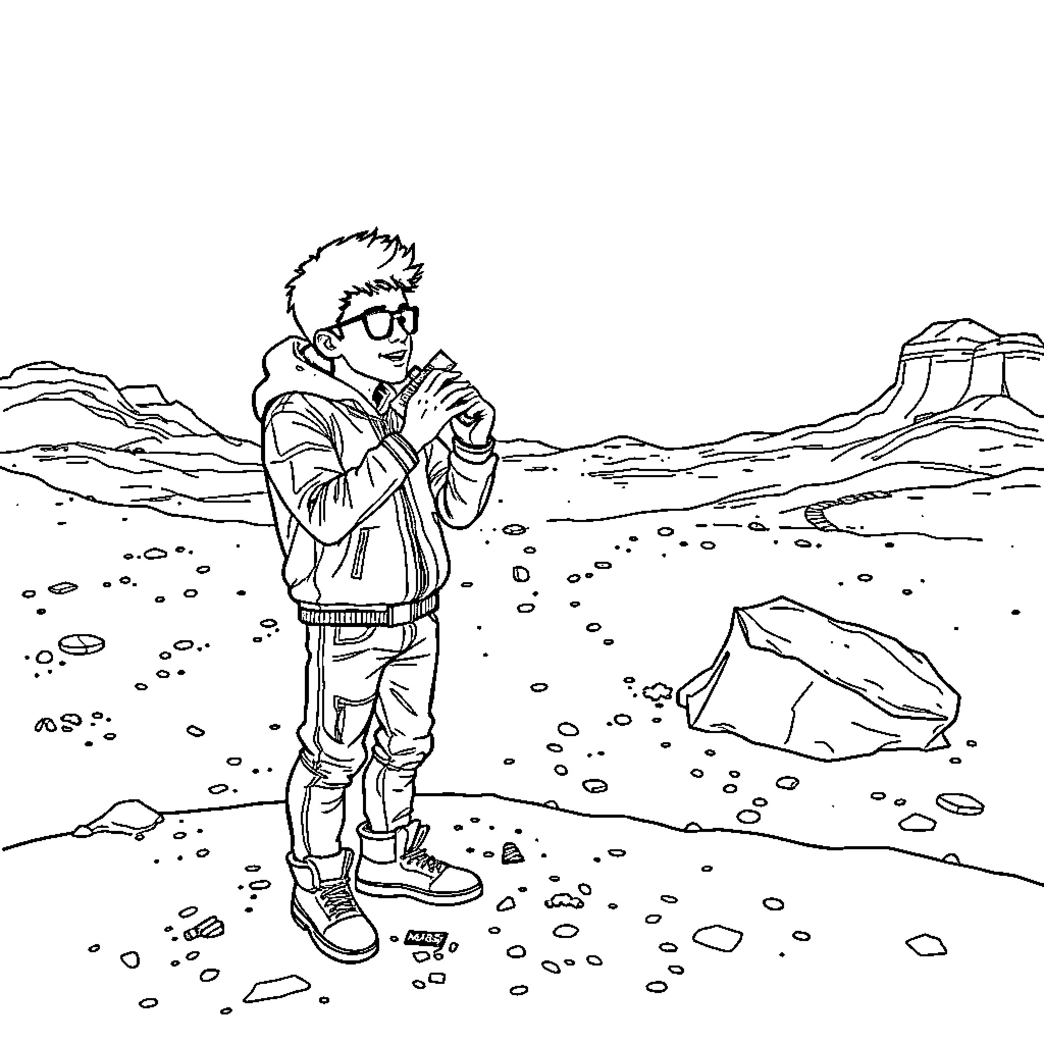 Bruno Mars exploring the desert landscape Coloring Page (free black-and-white line drawing printable PDF for all, from beginners to advanced learners, including children, teens, adults, and seniors)