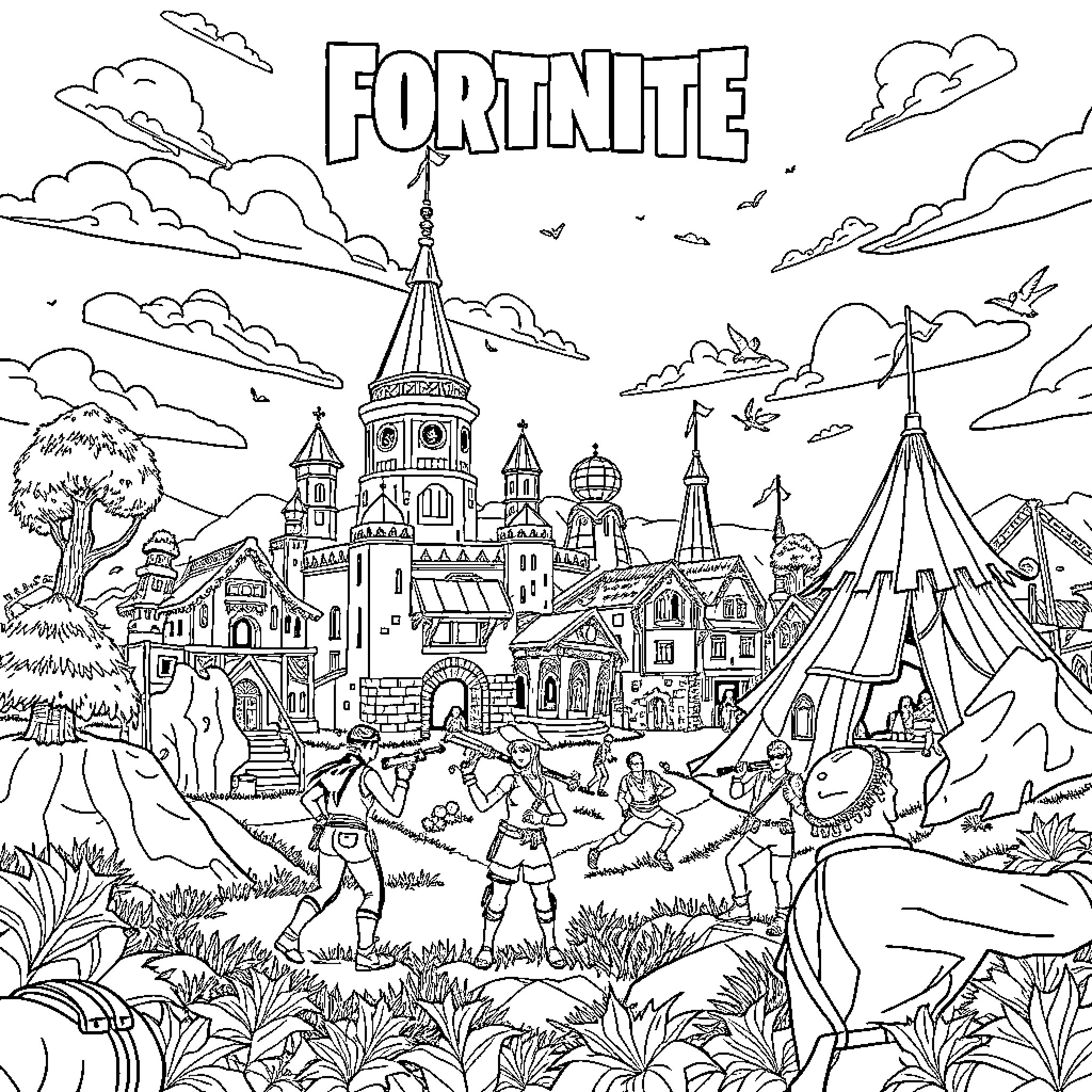 Fortnite characters exploring a fantasy town landscape Coloring Page (free black-and-white line drawing printable PDF for all, from beginners to advanced learners, including children, teens, adults, and seniors)