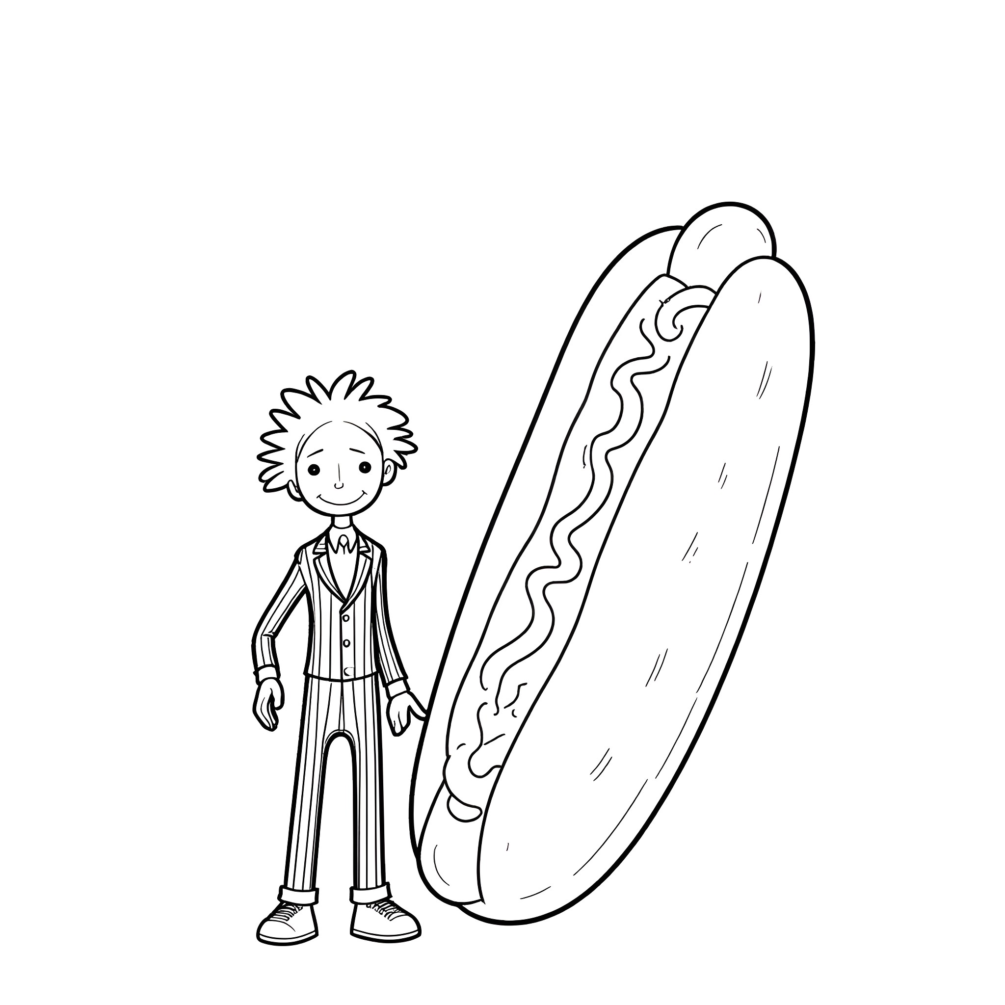 Beetlejuice and his giant hot dog Coloring Page (free black-and-white line drawing printable PDF for all, from beginners to advanced learners, including children, teens, adults, and seniors)
