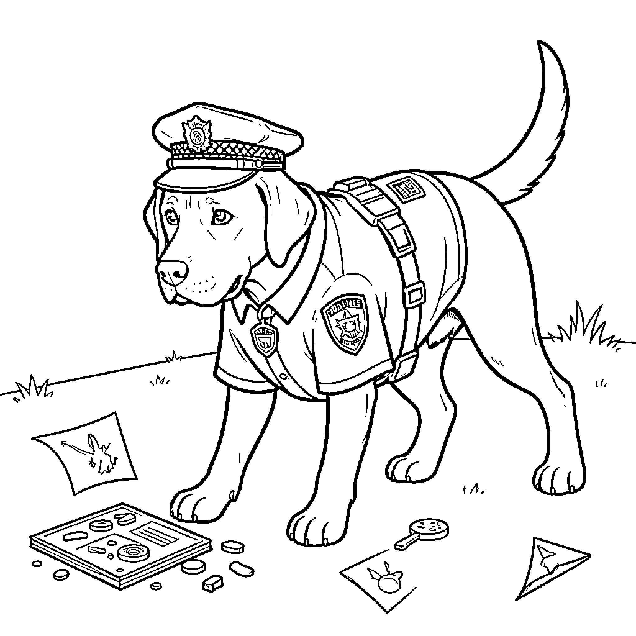 Labrador dressed as a police officer on duty Coloring Page (free black-and-white line drawing printable PDF for all, from beginners to advanced learners, including children, teens, adults, and seniors)
