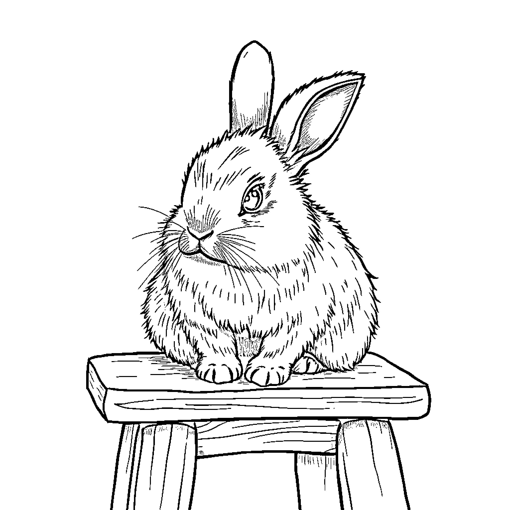 Rabbit perched on a wooden stool Coloring Page (free black-and-white line drawing printable PDF for all, from beginners to advanced learners, including children, teens, adults, and seniors)