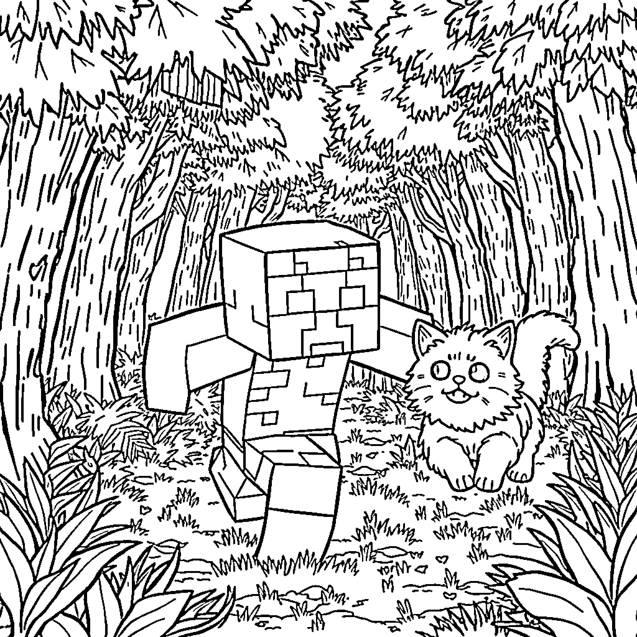 Creeper lurking in the overgrown forest Coloring Page (free black-and-white line drawing printable PDF for all, from beginners to advanced learners, including children, teens, adults, and seniors)
