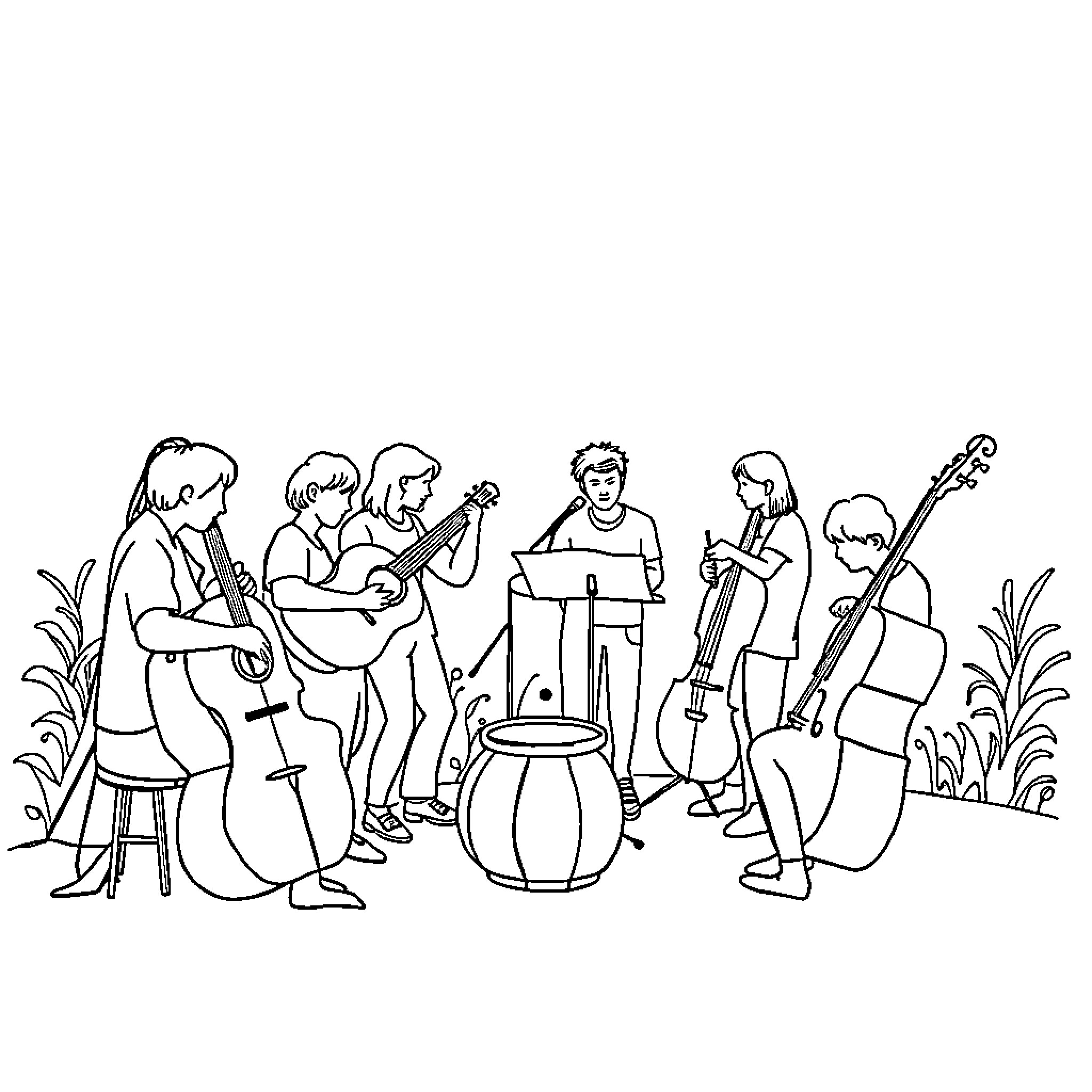 Musical Instruments Played by Performers Outdoors Coloring Page (free black-and-white line drawing printable PDF for all, from beginners to advanced learners, including children, teens, adults, and seniors)