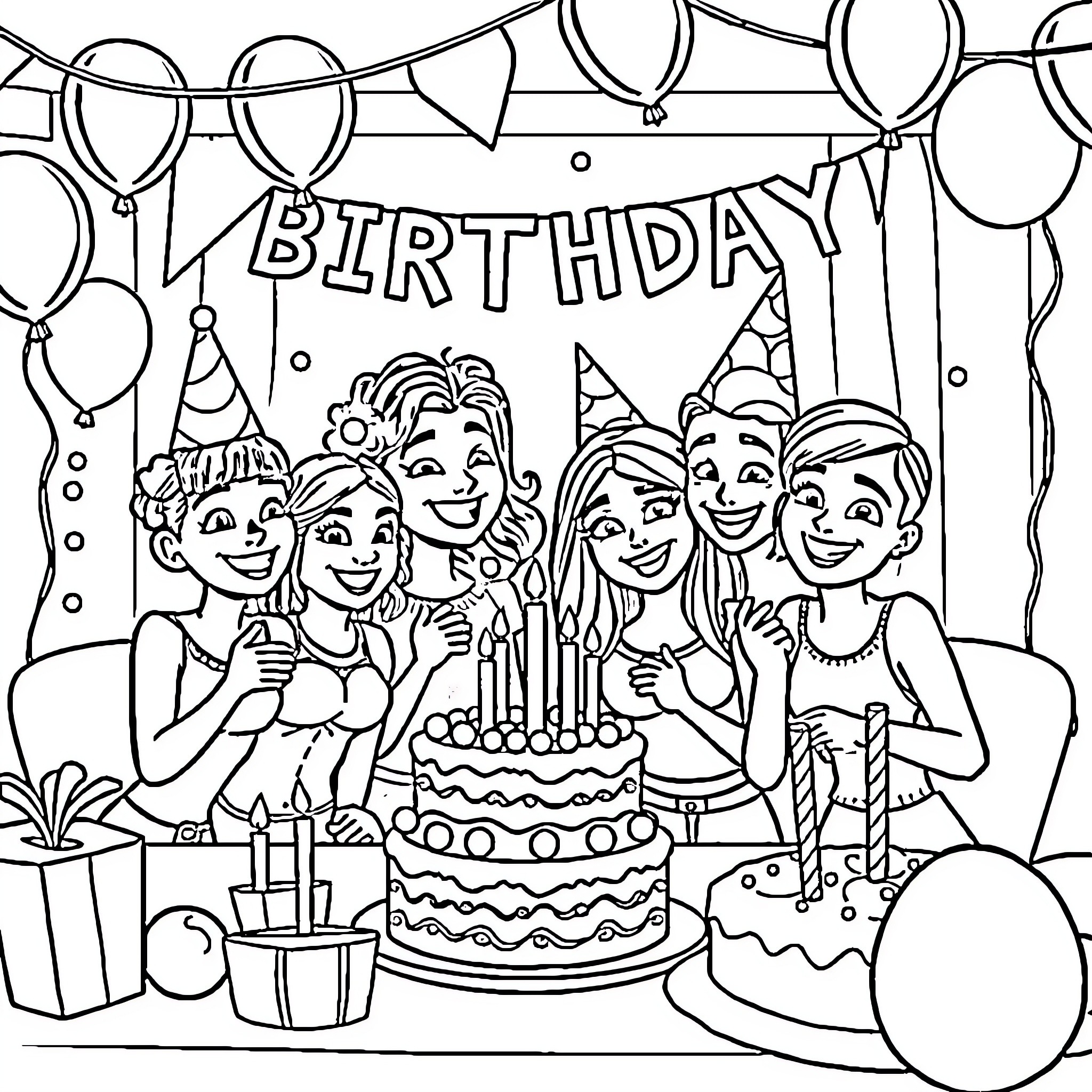 Sims Celebrating a Birthday Party with Cake and Decorations Coloring Page (free black-and-white line drawing printable PDF for all, from beginners to advanced learners, including children, teens, adults, and seniors)