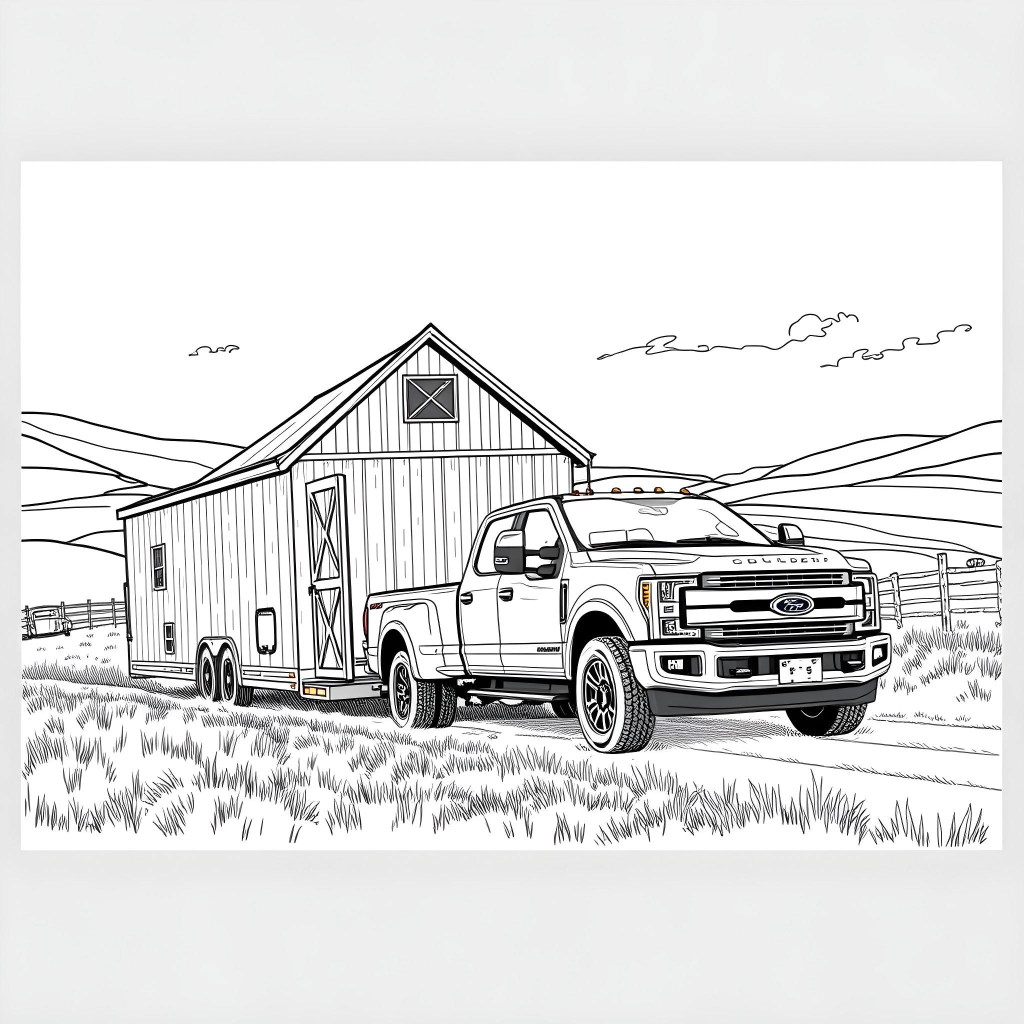Gooseneck Trailer transporting cargo in rural landscape Coloring Page (free black-and-white line drawing printable PDF for all, from beginners to advanced learners, including children, teens, adults, and seniors)