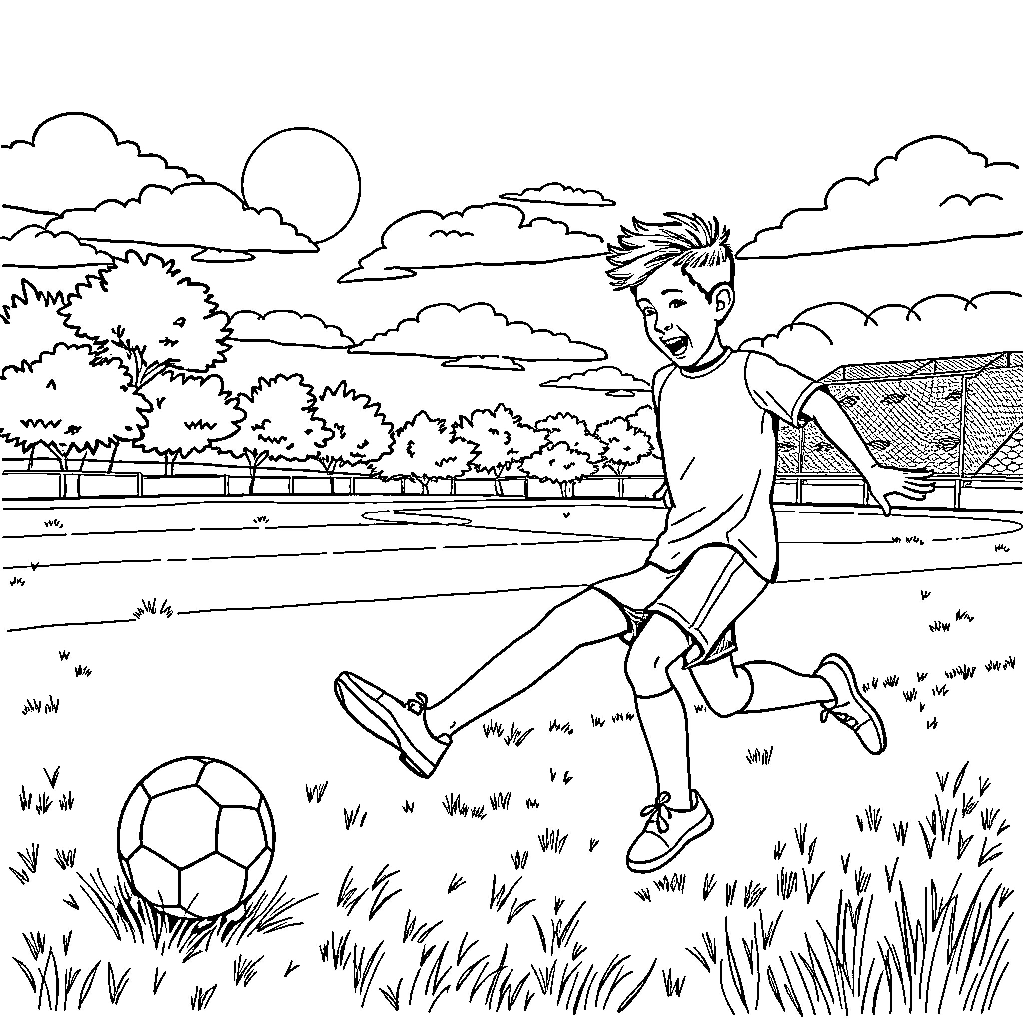 Olivier playing soccer happily in the park Coloring Page (free black-and-white line drawing printable PDF for all, from beginners to advanced learners, including children, teens, adults, and seniors)