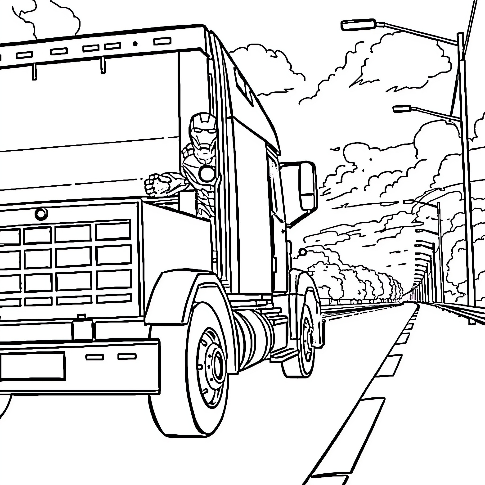 Ironman driving powerful truck on stormy road Coloring Page (free black-and-white line drawing printable PDF for all, from beginners to advanced learners, including children, teens, adults, and seniors)
