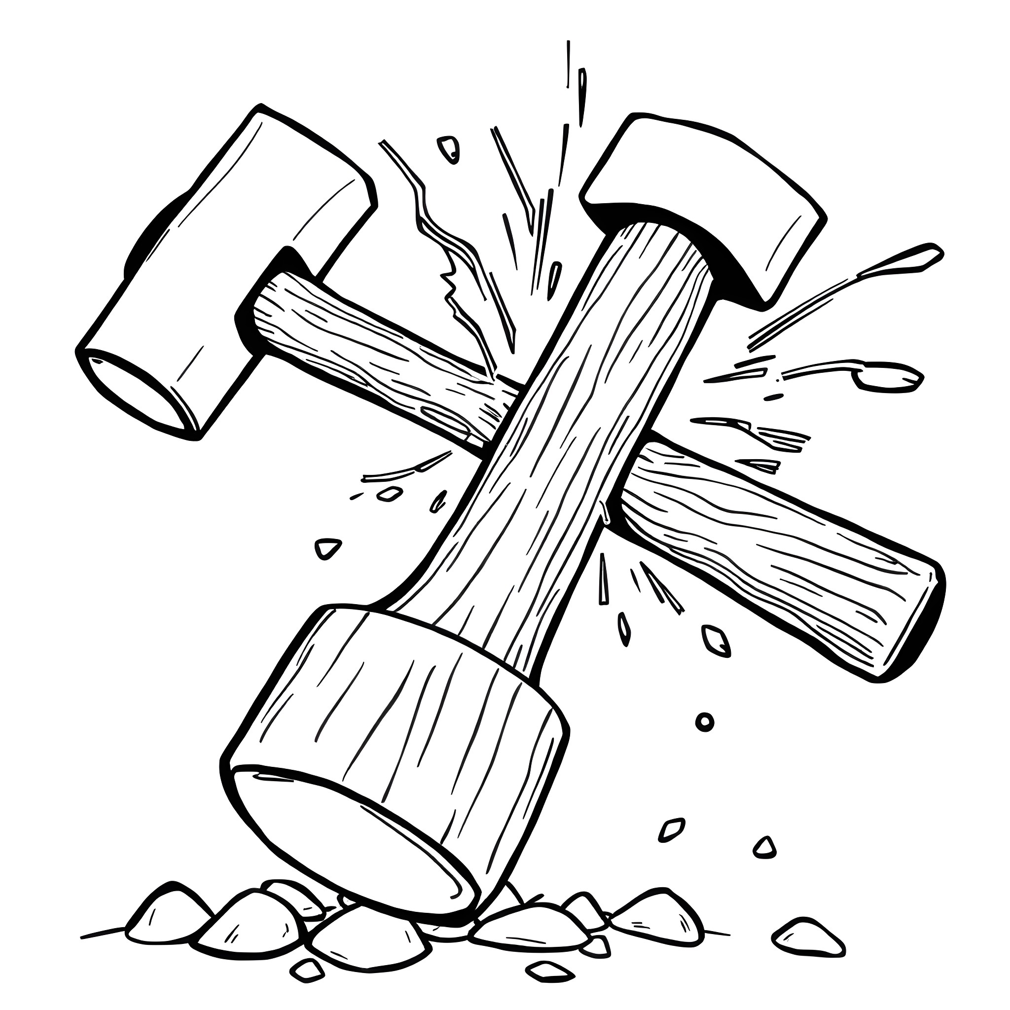 Hammer breaking through wood with force Coloring Page (free black-and-white line drawing printable PDF for all, from beginners to advanced learners, including children, teens, adults, and seniors)