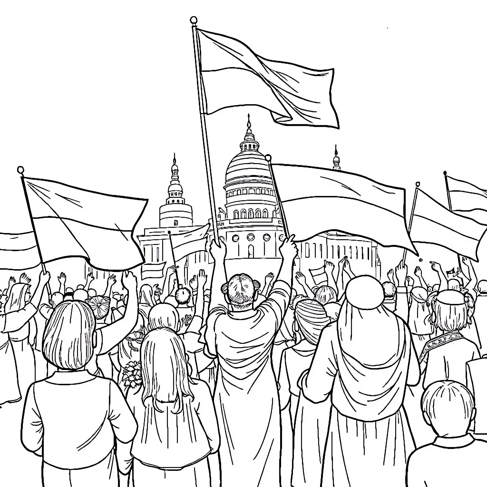 Indonesian Independence Day Celebration with Waving Flags and Crowds Coloring Page (free black-and-white line drawing printable PDF for all, from beginners to advanced learners, including children, teens, adults, and seniors)