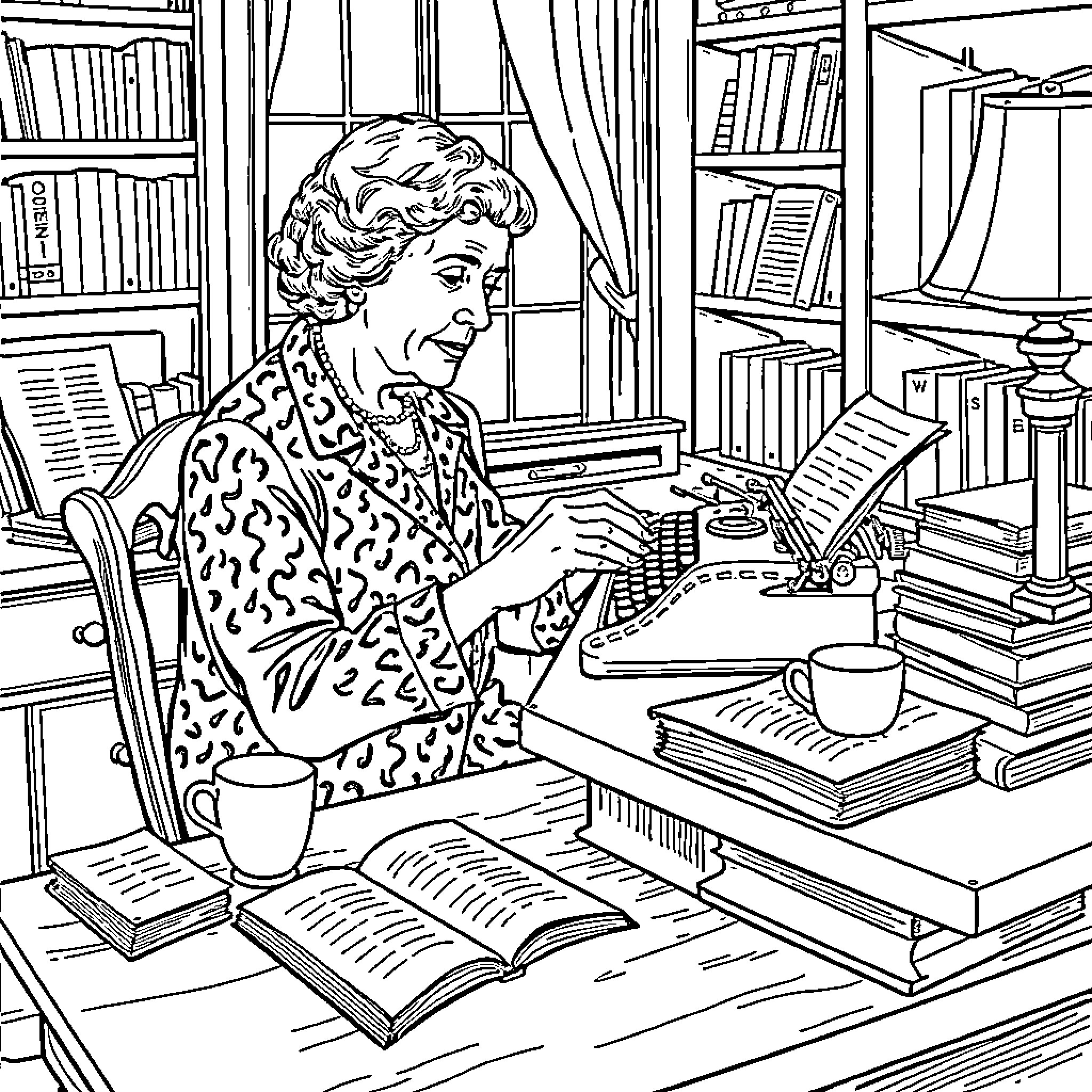 Agatha Christie writing in her study Coloring Page (free black-and-white line drawing printable PDF for all, from beginners to advanced learners, including children, teens, adults, and seniors)