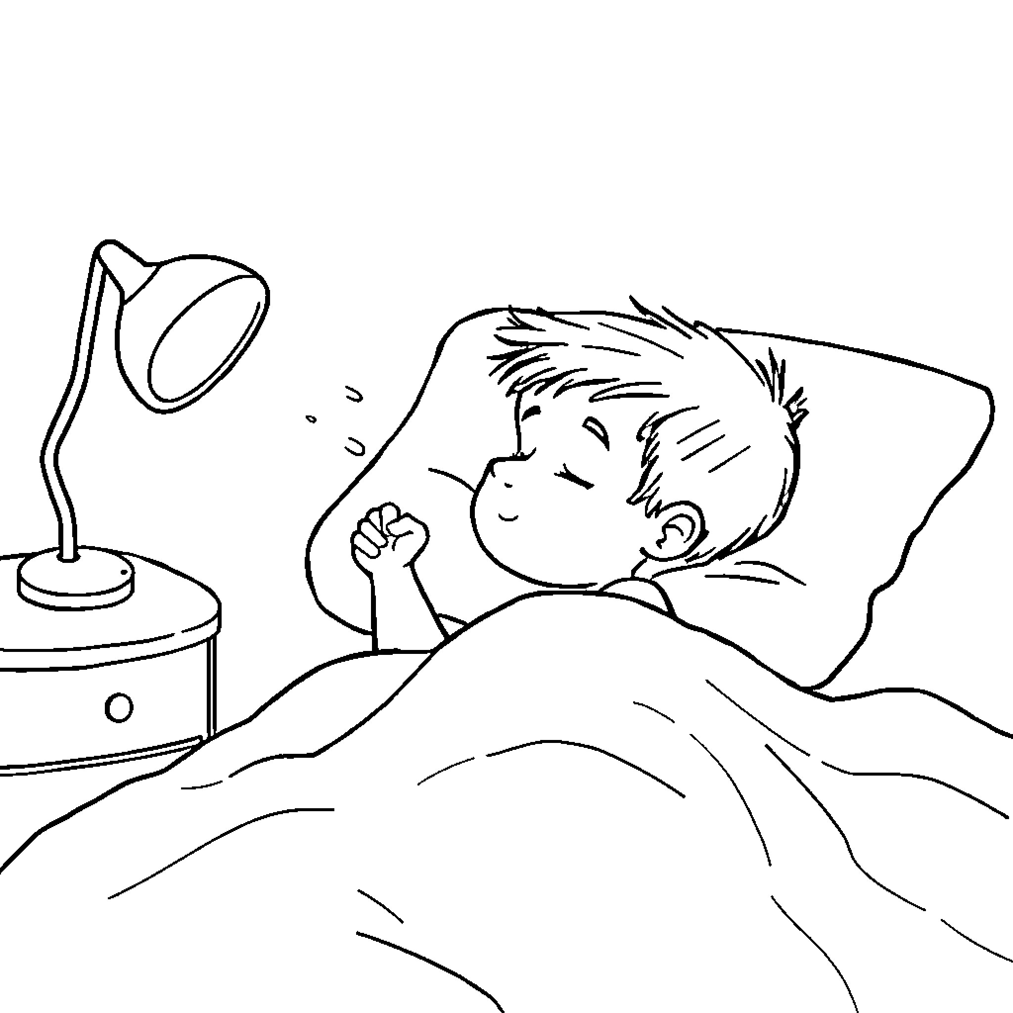 Niño durmiendo placidamente en su cama Coloring Page (free black-and-white line drawing printable PDF for all, from beginners to advanced learners, including children, teens, adults, and seniors)